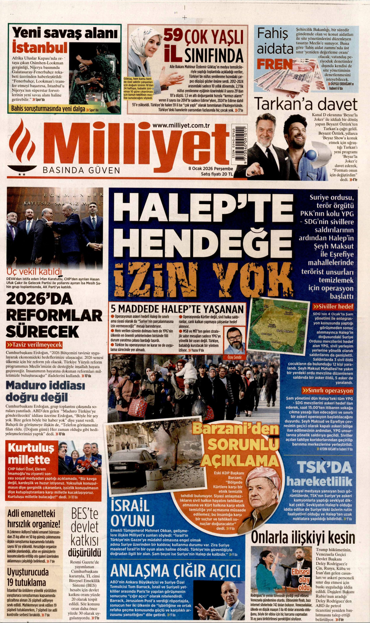 MİLLİYET gazetesinin 8 Ocak 2026 tarihli birinci sayfası