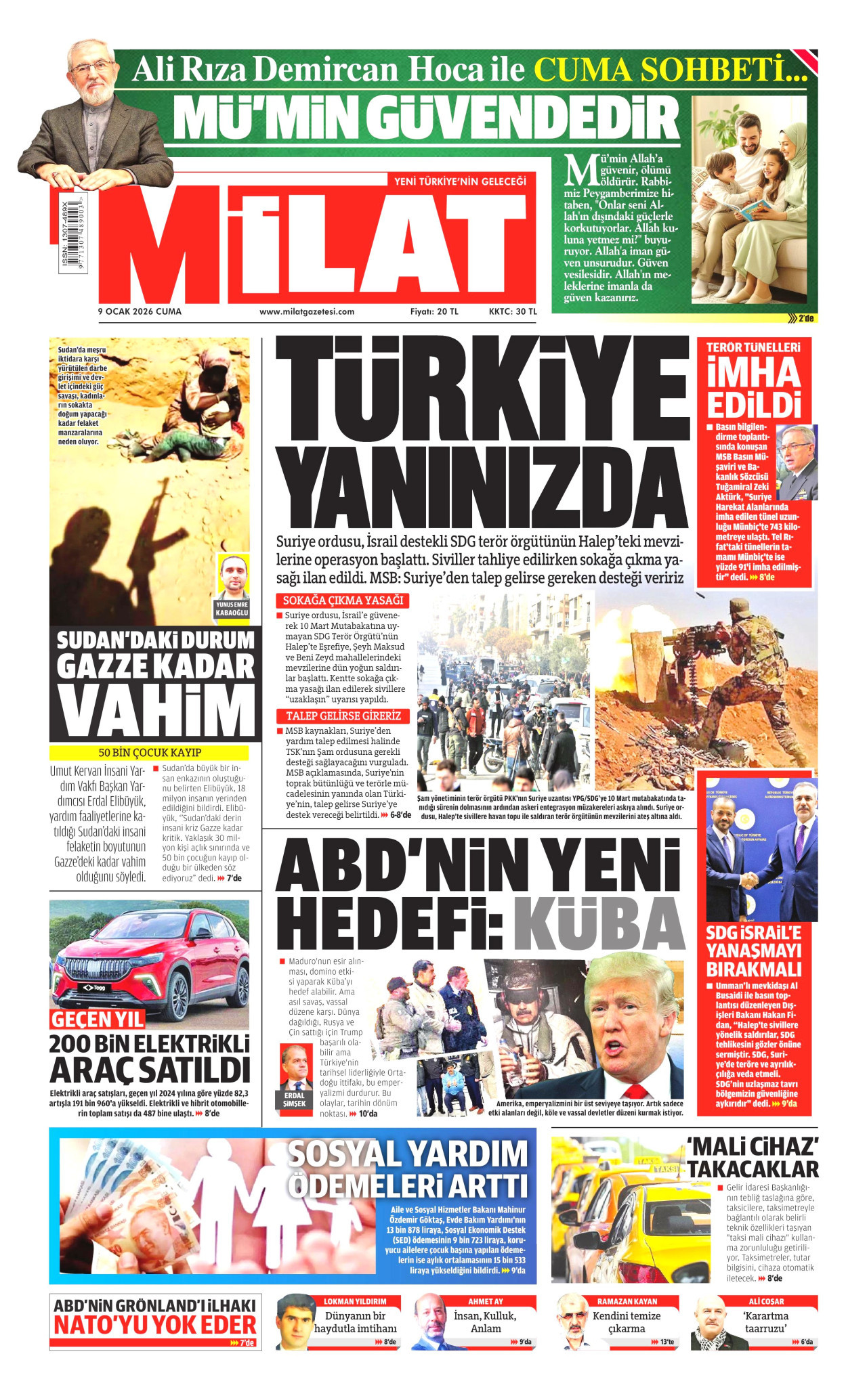 MİLAT gazetesinin 9 Ocak 2026 tarihli birinci sayfası