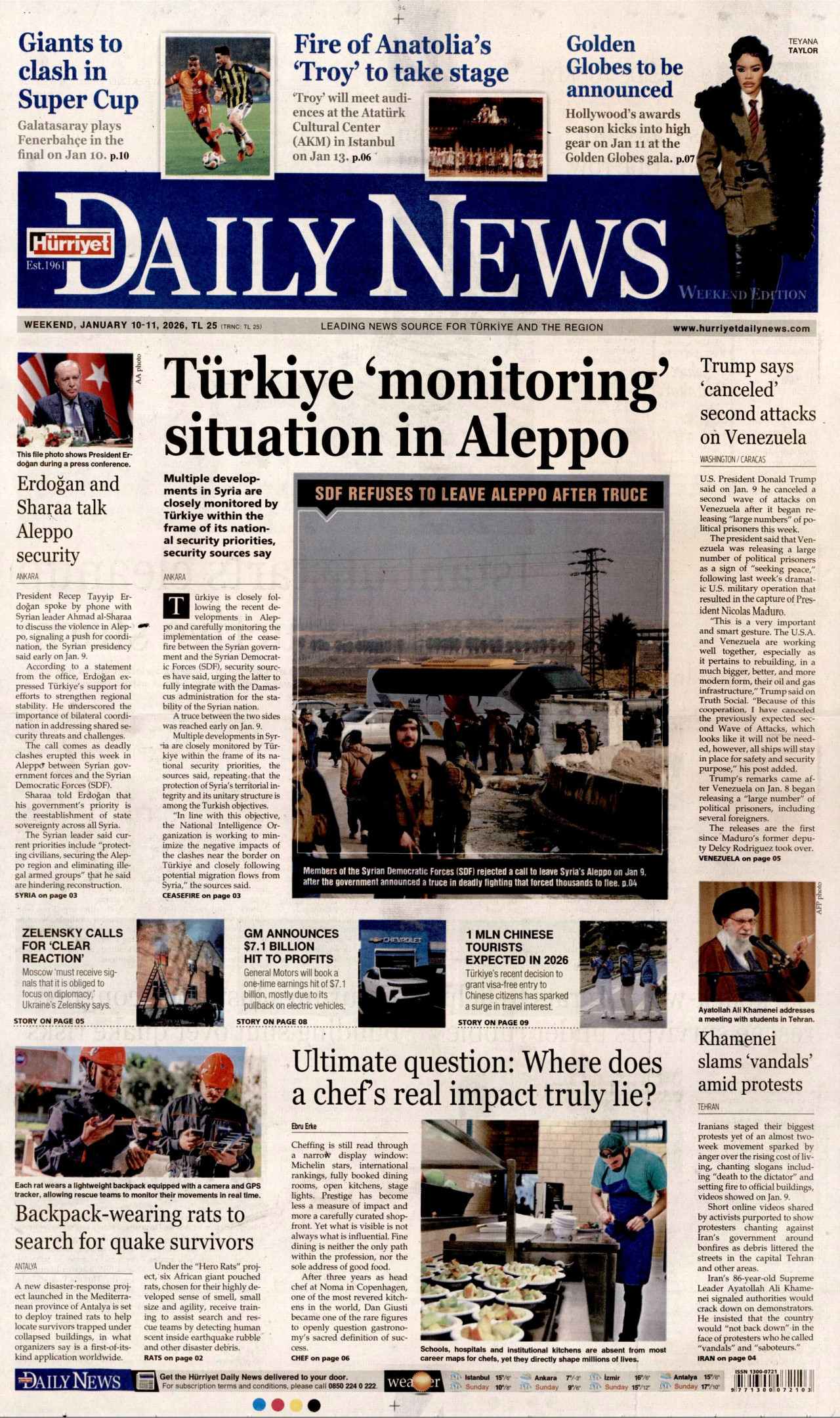 HÜRRİYET DAİLY NEWS gazetesinin 10 Ocak 2026 tarihli birinci sayfası