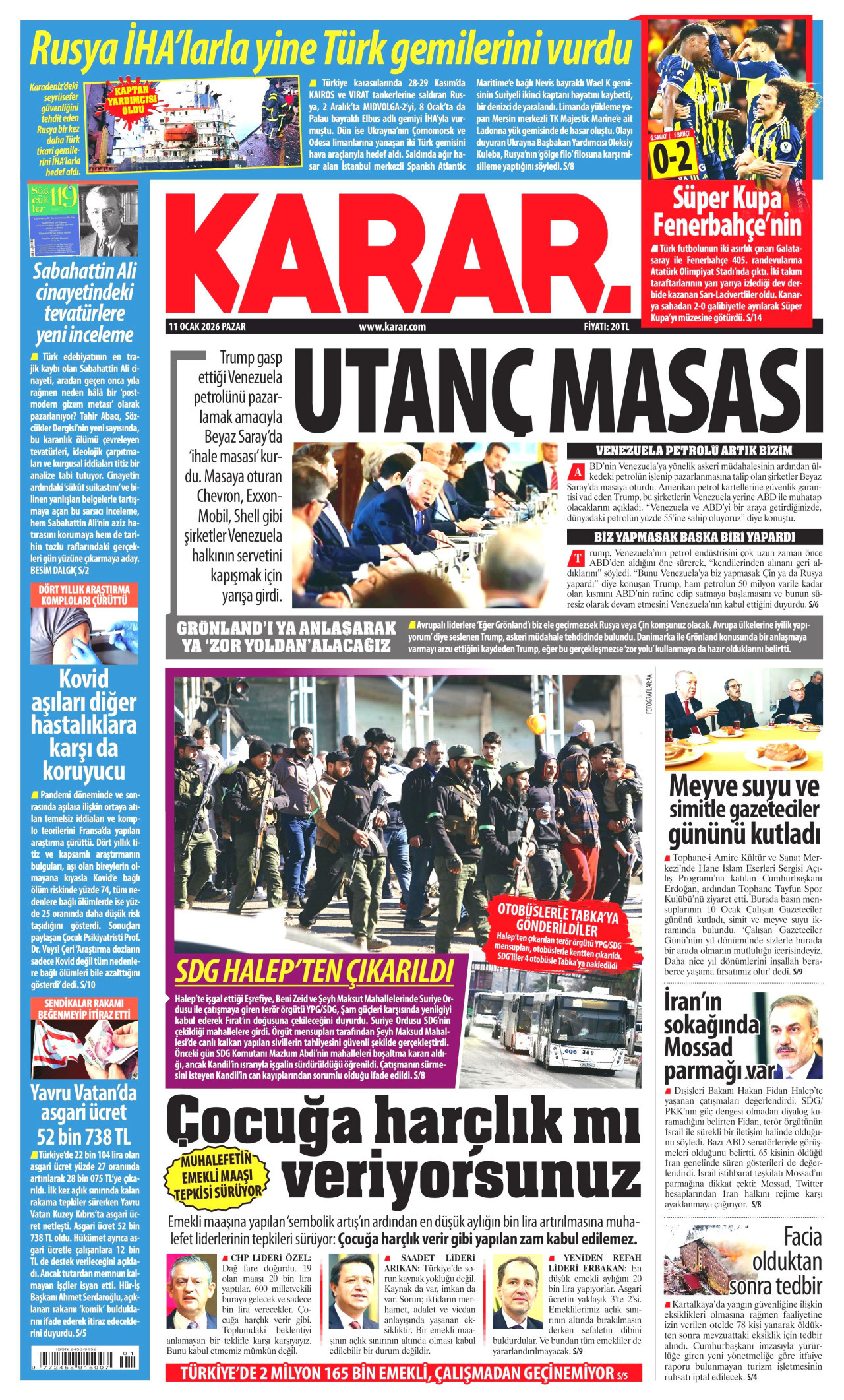 KARAR gazetesinin 11 Ocak 2026 tarihli birinci sayfası