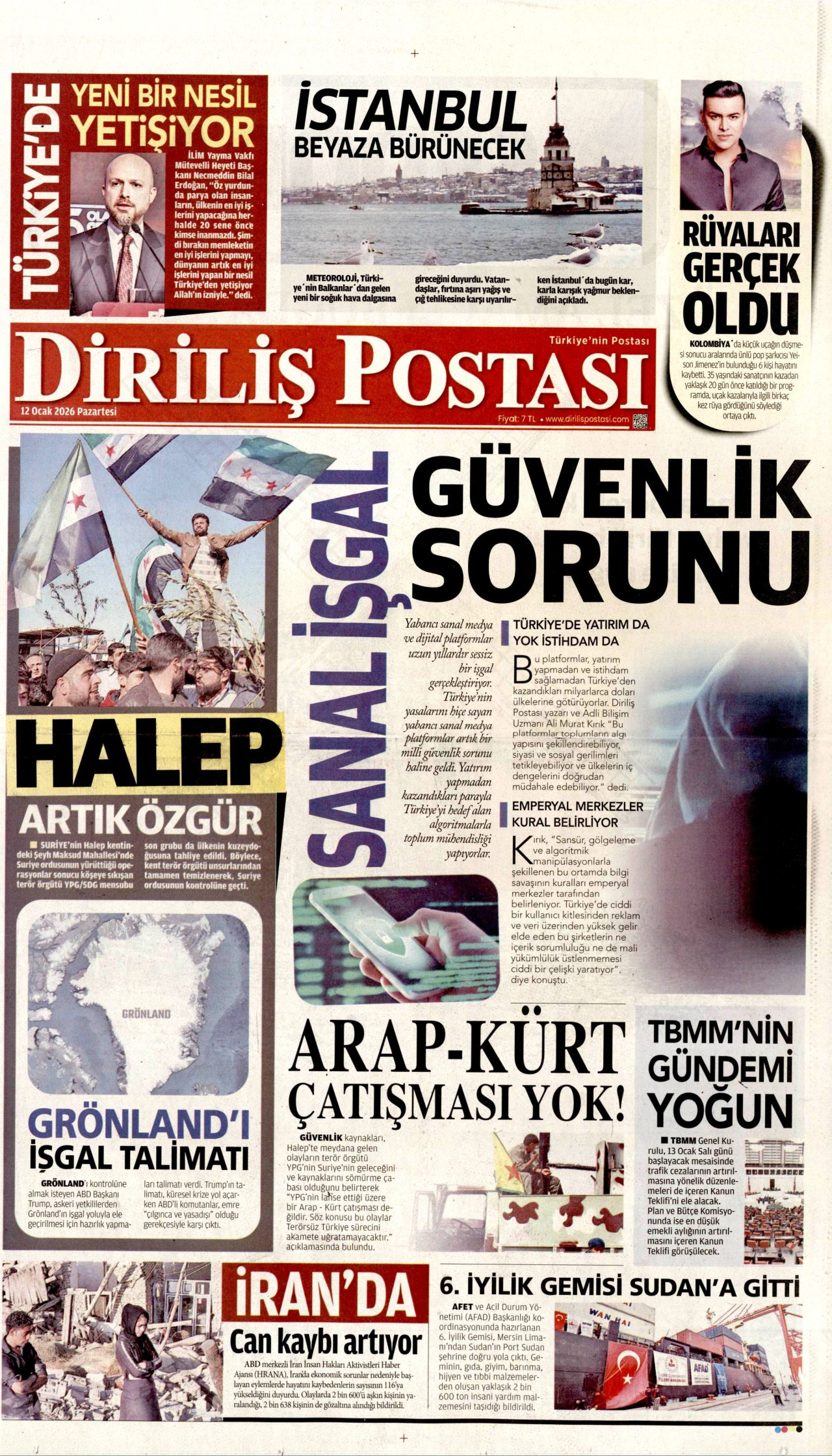 DİRİLİŞ POSTASI gazetesinin 12 Ocak 2026 tarihli birinci sayfası