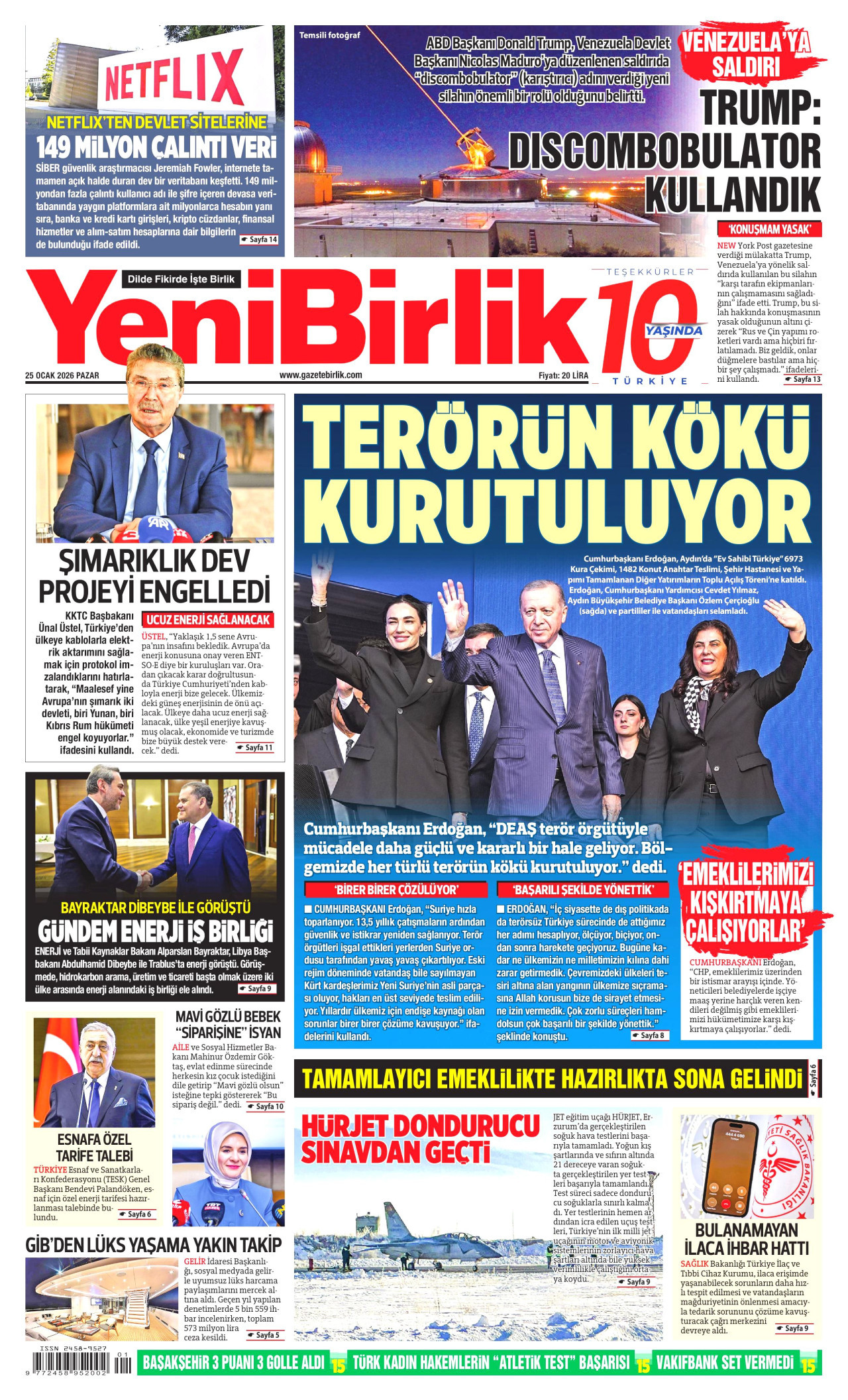 YENİBİRLİK gazetesinin 25 Ocak 2026 tarihli birinci sayfası