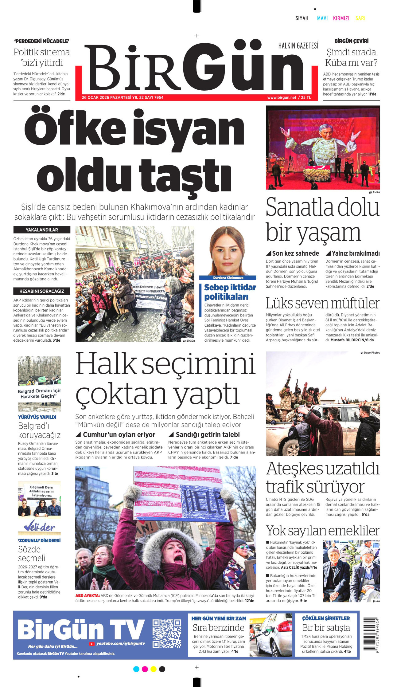 BİRGÜN gazetesinin 26 Ocak 2026 tarihli birinci sayfası