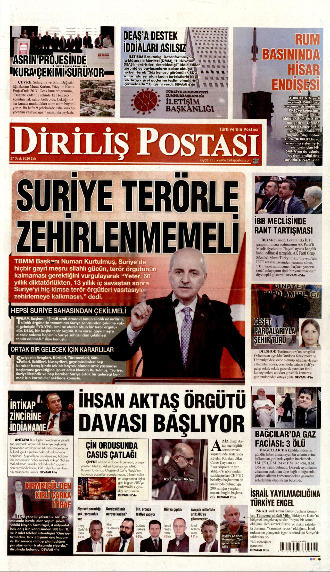 DİRİLİŞ POSTASI gazetesinin 27 Ocak 2026 tarihli birinci sayfası