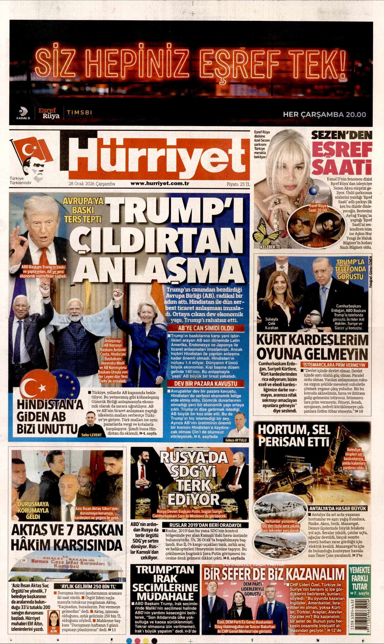 HÜRRİYET gazetesinin 28 Ocak 2026 tarihli birinci sayfası