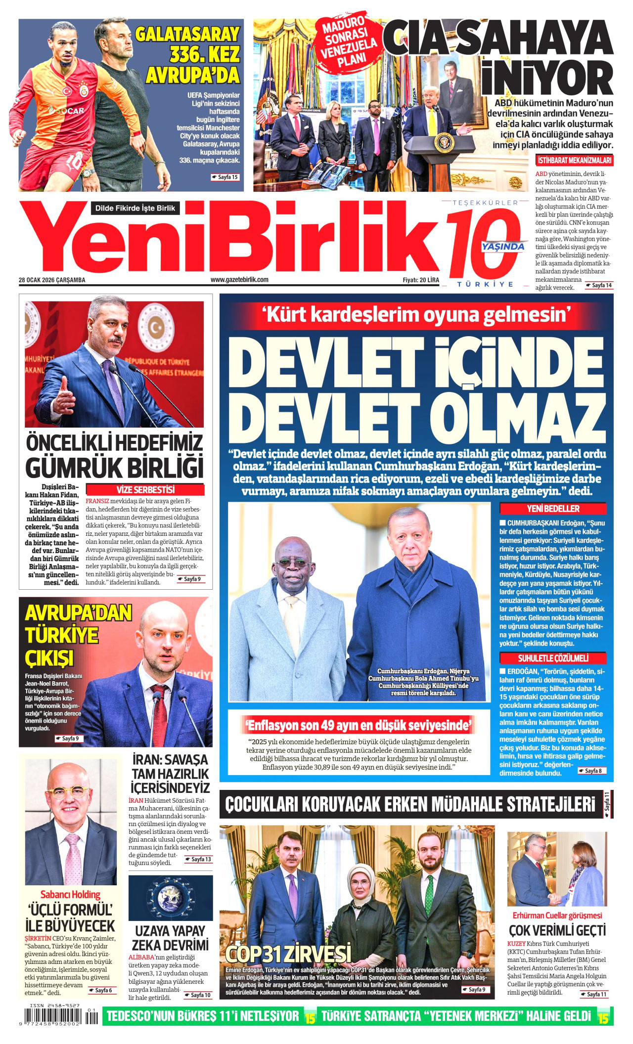 YENİBİRLİK gazetesinin 28 Ocak 2026 tarihli birinci sayfası
