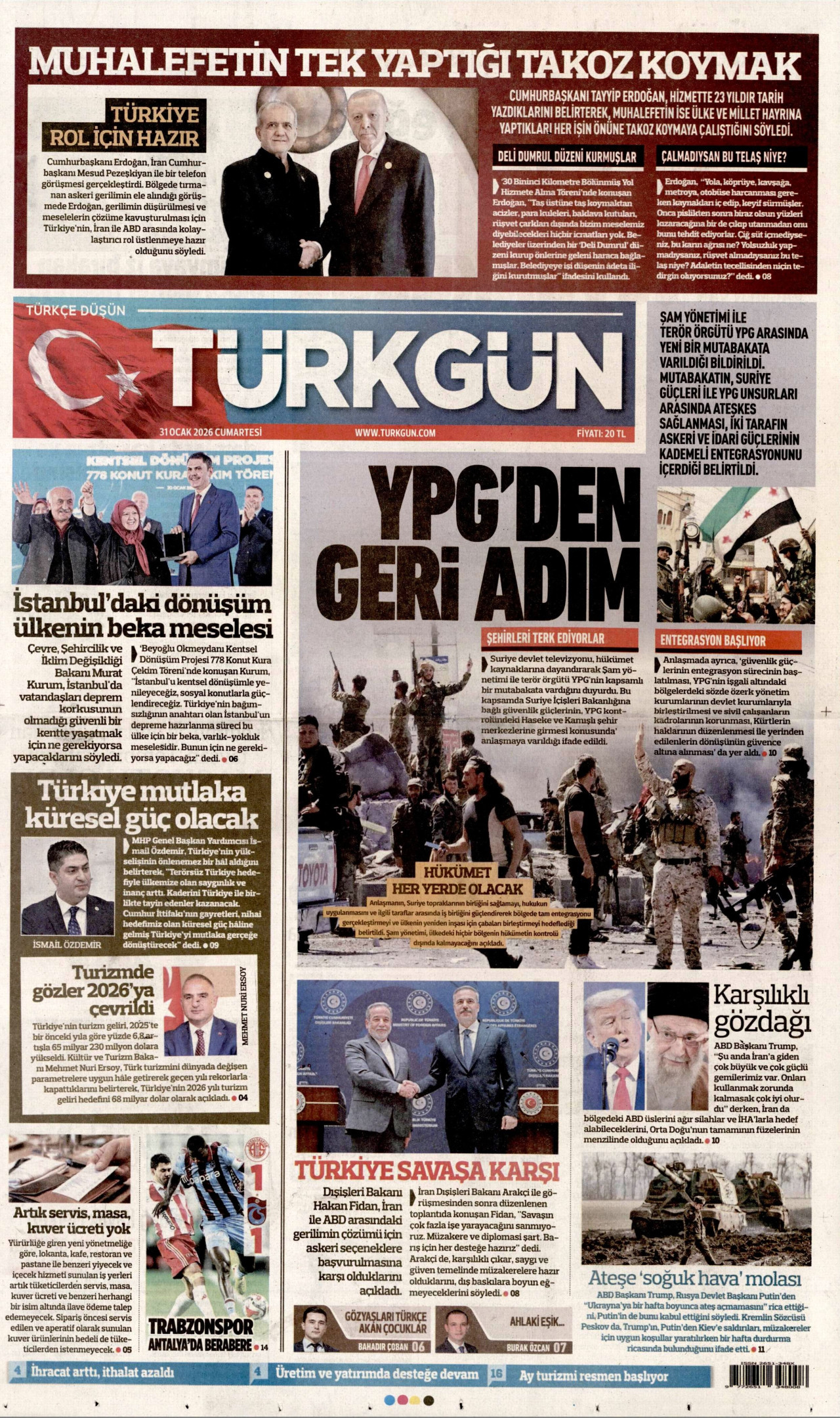 TÜRKGÜN gazetesinin 31 Ocak 2026 tarihli birinci sayfası