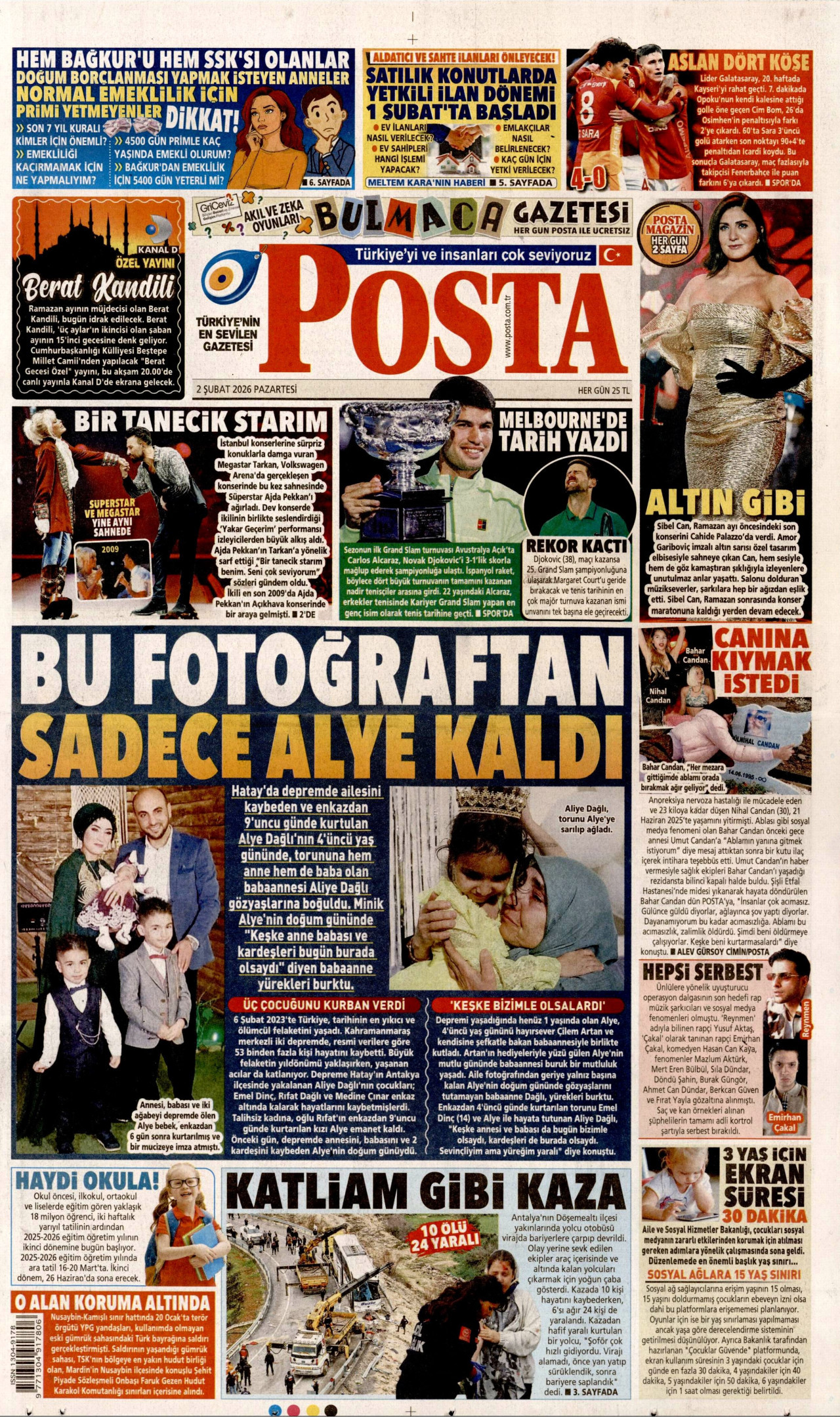 POSTA gazetesinin 2 Şubat 2026 tarihli birinci sayfası