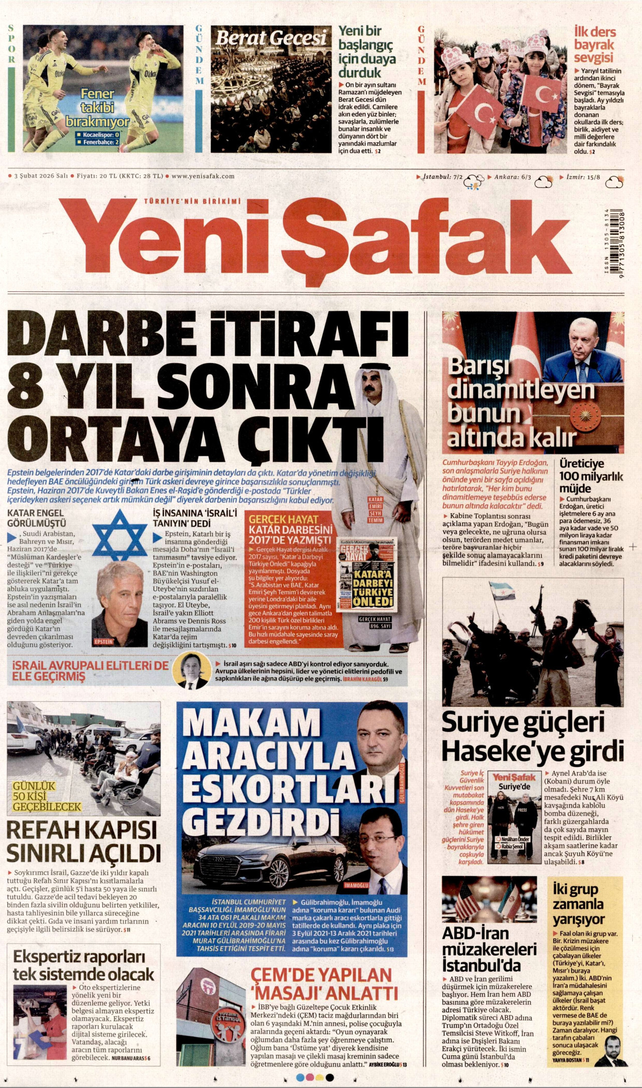 YENİ ŞAFAK gazetesinin 3 Şubat 2026 tarihli birinci sayfası