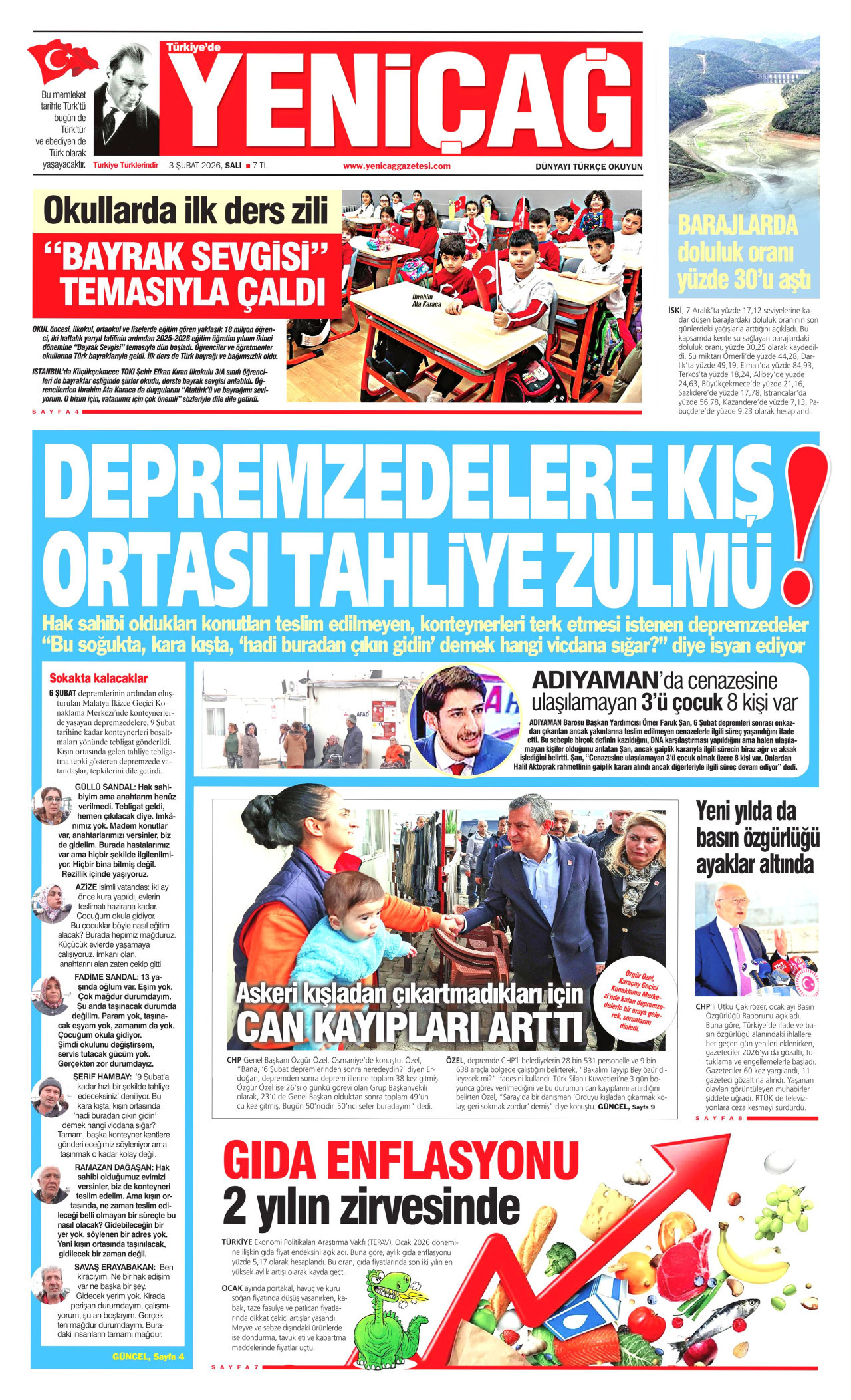 YENİÇAĞ gazetesinin 3 Şubat 2026 tarihli birinci sayfası