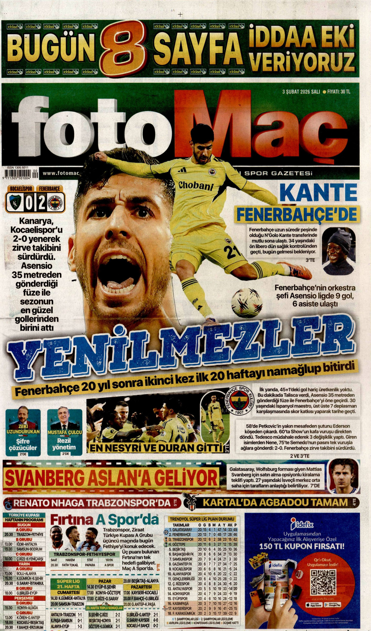 FOTOMAÇ gazetesinin 3 Şubat 2026 tarihli birinci sayfası