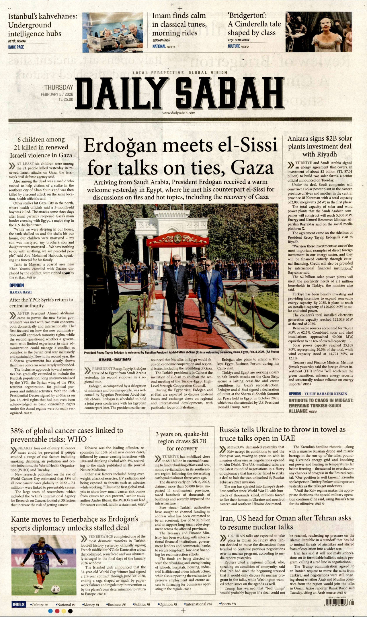 DAİLY SABAH gazetesinin 5 Şubat 2026 tarihli birinci sayfası