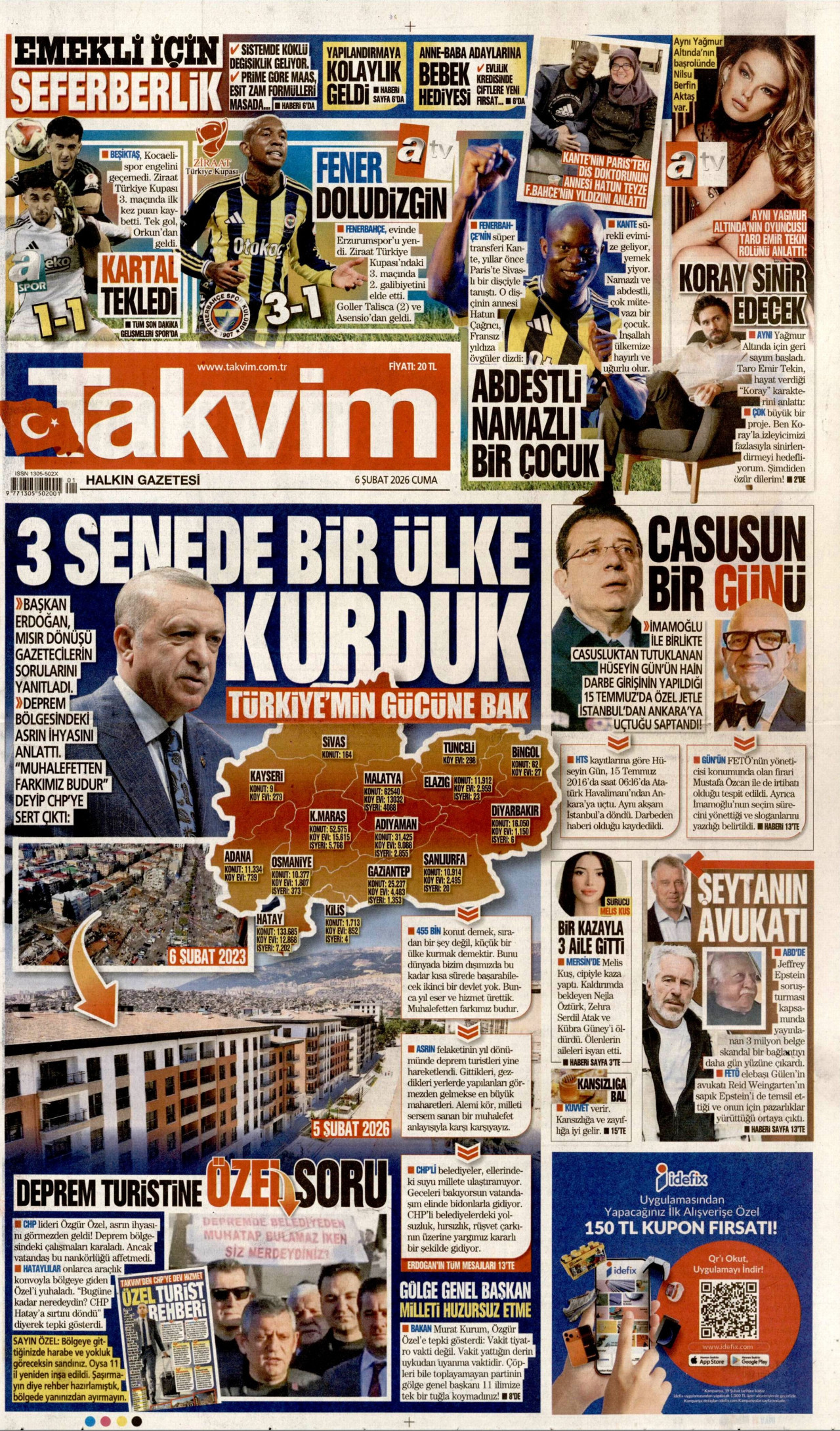 TAKVİM gazetesinin 6 Şubat 2026 tarihli birinci sayfası