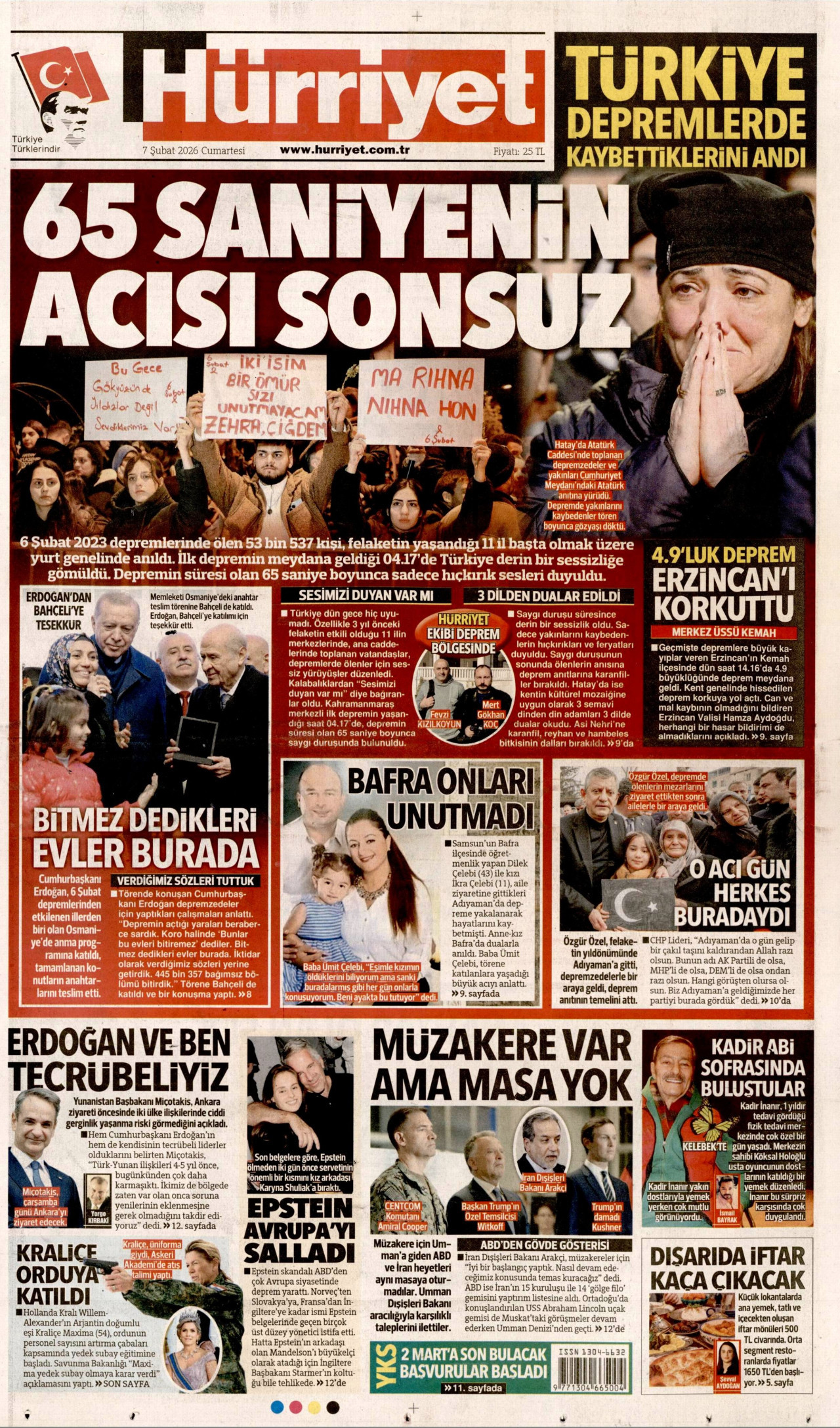 HÜRRİYET gazetesinin 7 Şubat 2026 tarihli birinci sayfası