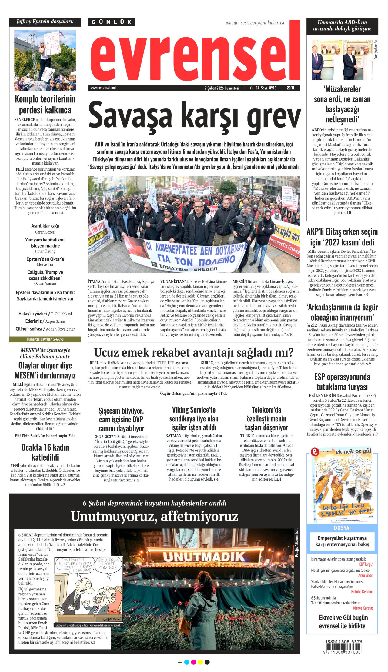 EVRENSEL gazetesinin 7 Şubat 2026 tarihli birinci sayfası