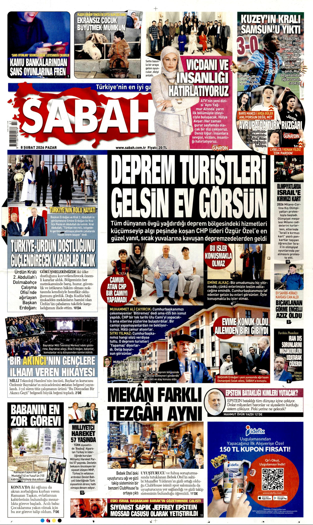 SABAH gazetesinin 8 Şubat 2026 tarihli birinci sayfası