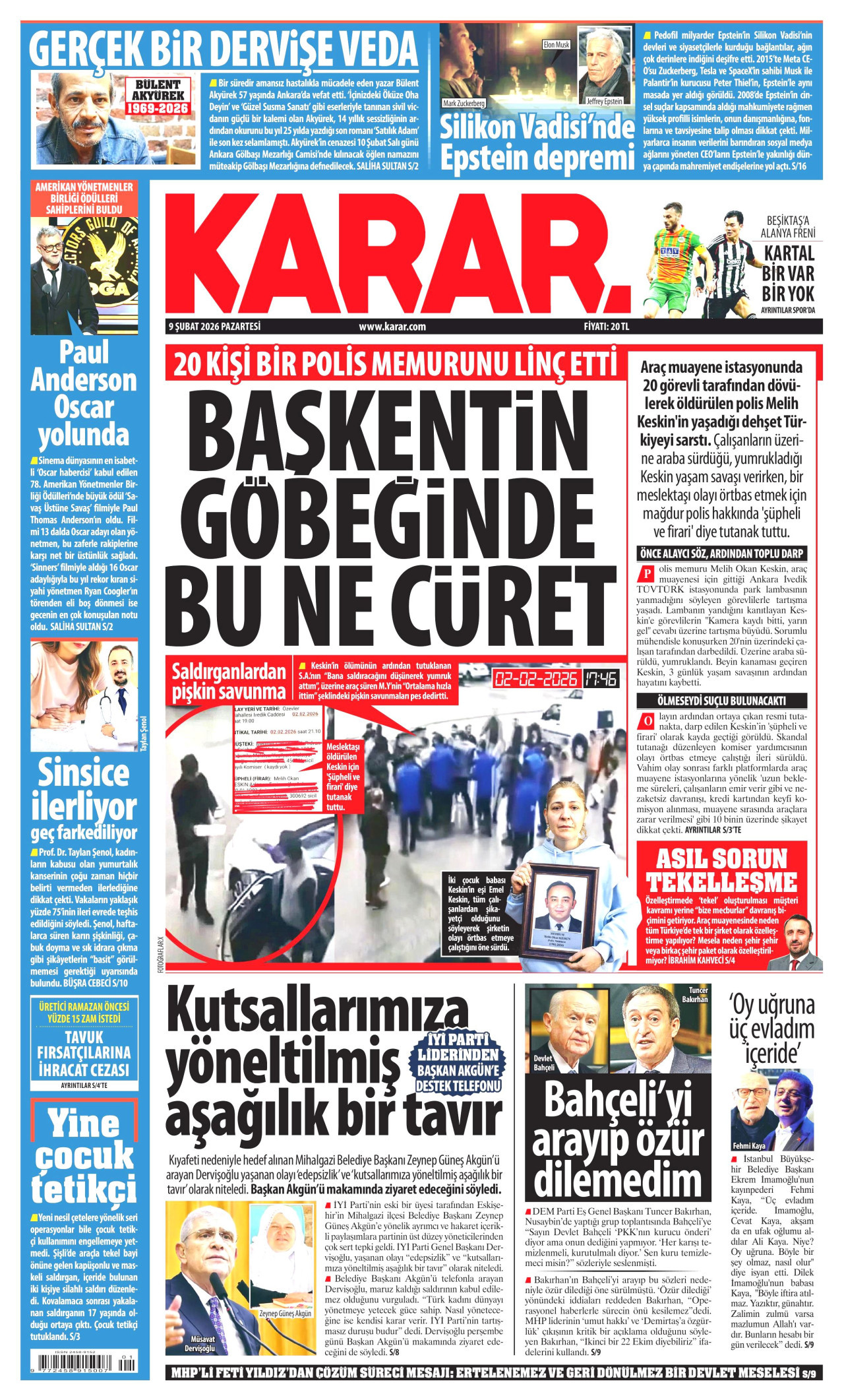 KARAR gazetesinin 9 Şubat 2026 tarihli birinci sayfası