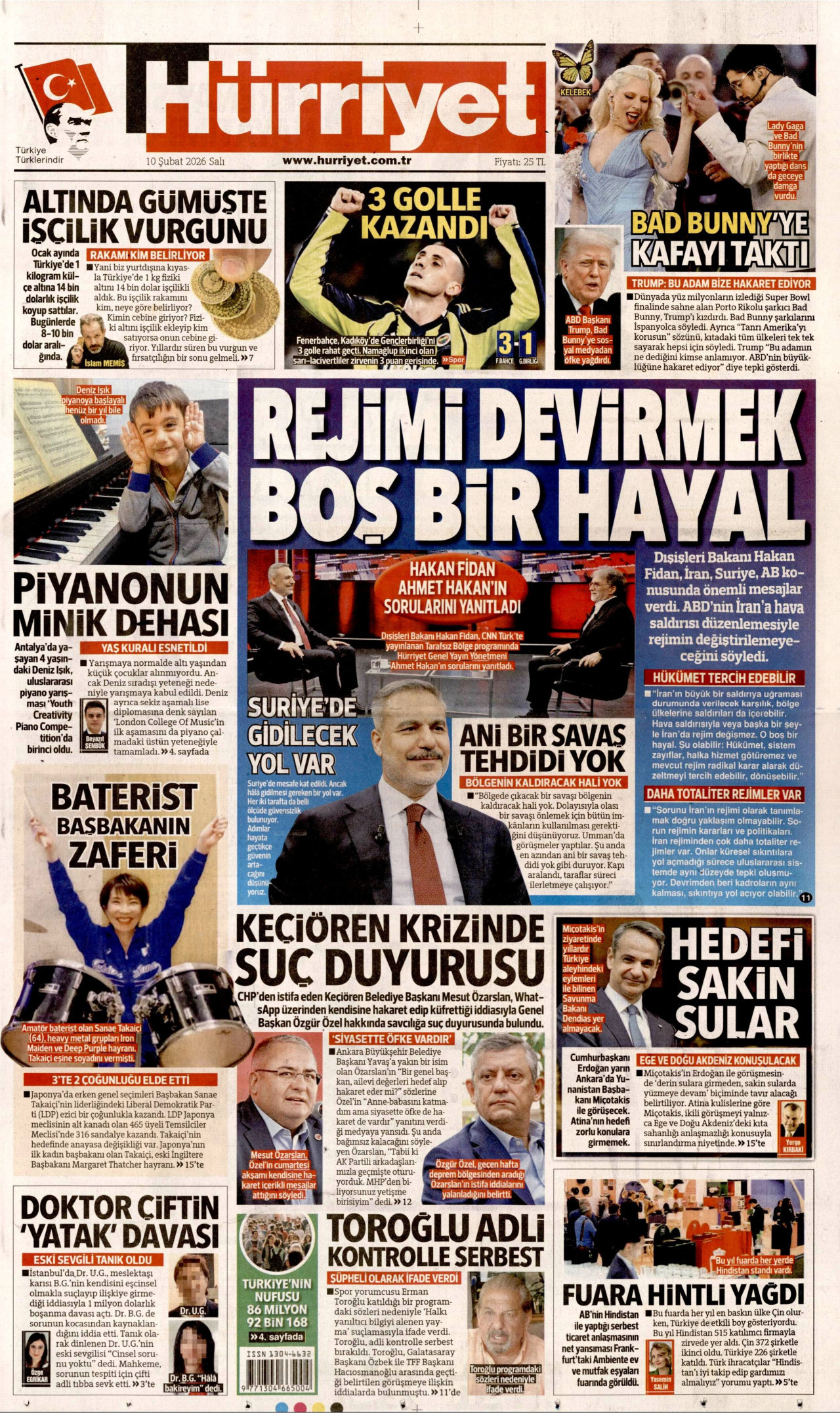 HÜRRİYET gazetesinin 10 Şubat 2026 tarihli birinci sayfası