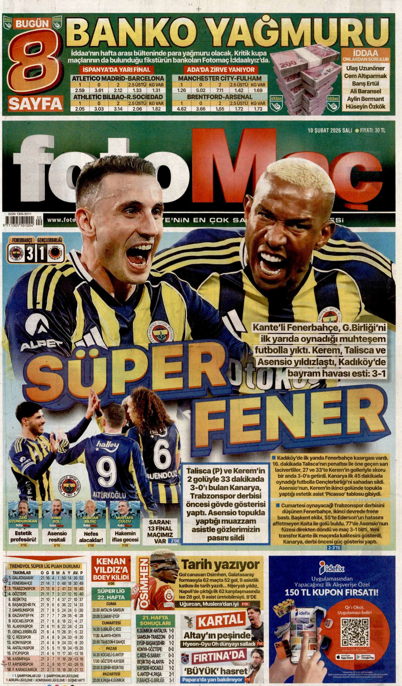 FOTOMAÇ gazetesinin 10 Şubat 2026 tarihli birinci sayfası