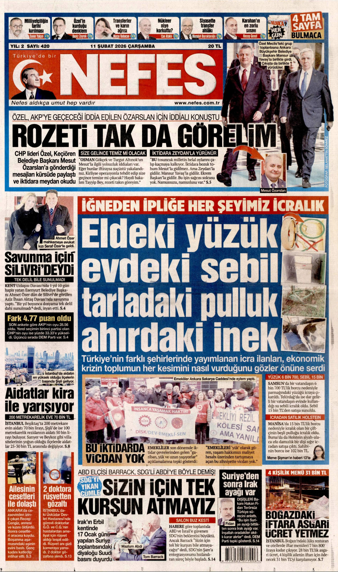 NEFES gazetesinin 11 Şubat 2026 tarihli birinci sayfası