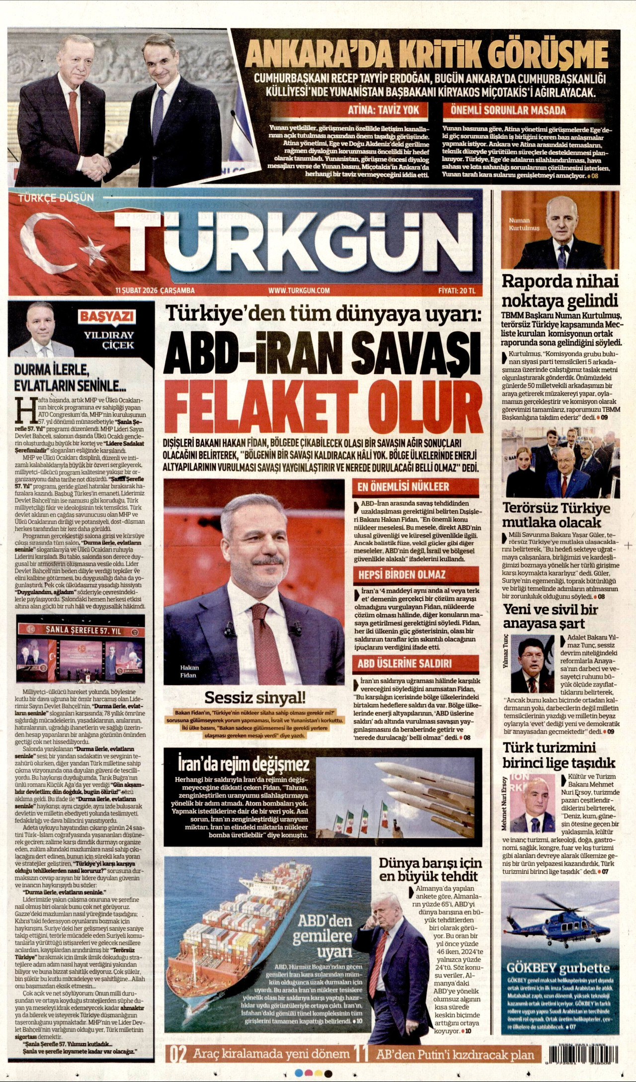 TÜRKGÜN gazetesinin 11 Şubat 2026 tarihli birinci sayfası