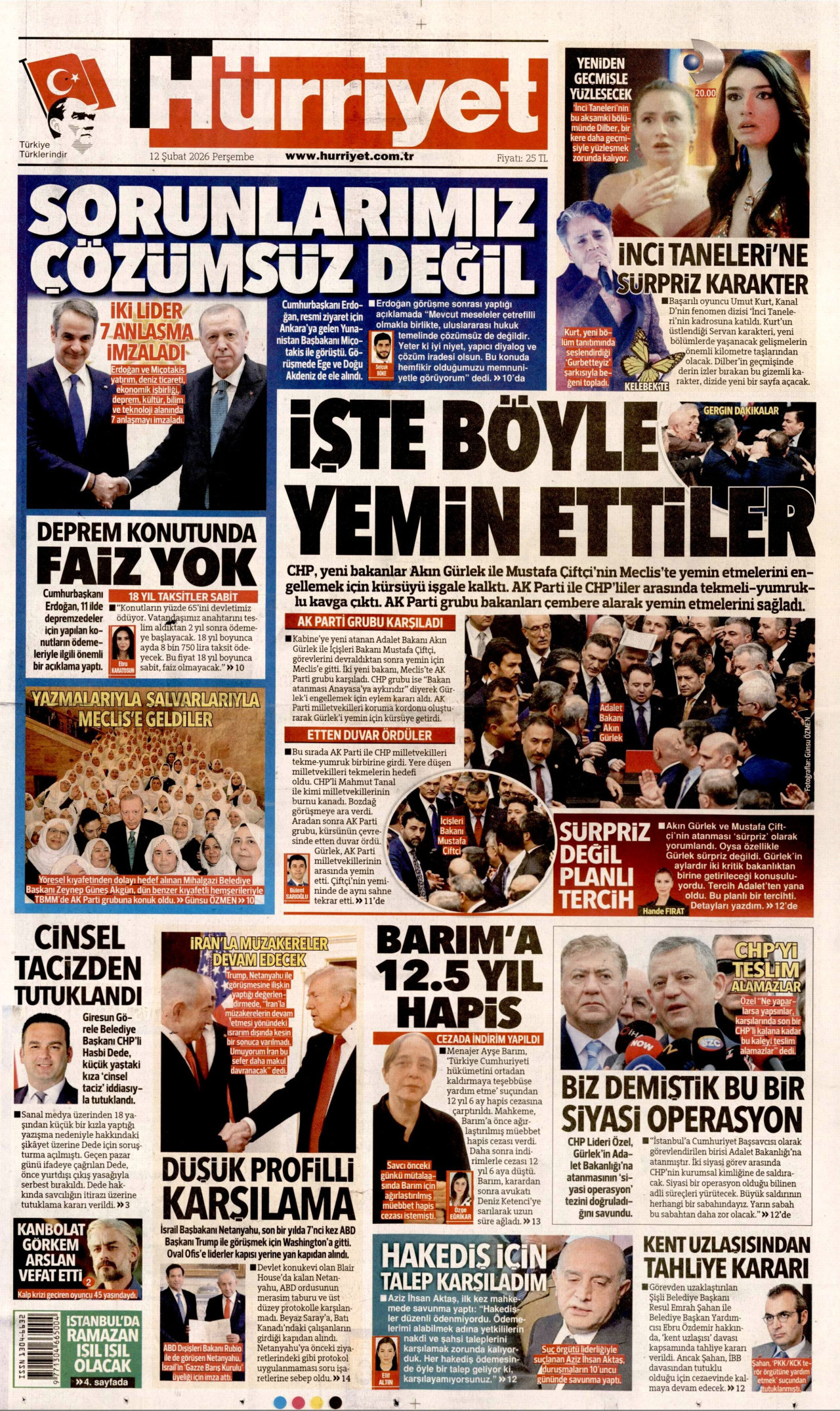 HÜRRİYET gazetesinin 12 Şubat 2026 tarihli birinci sayfası