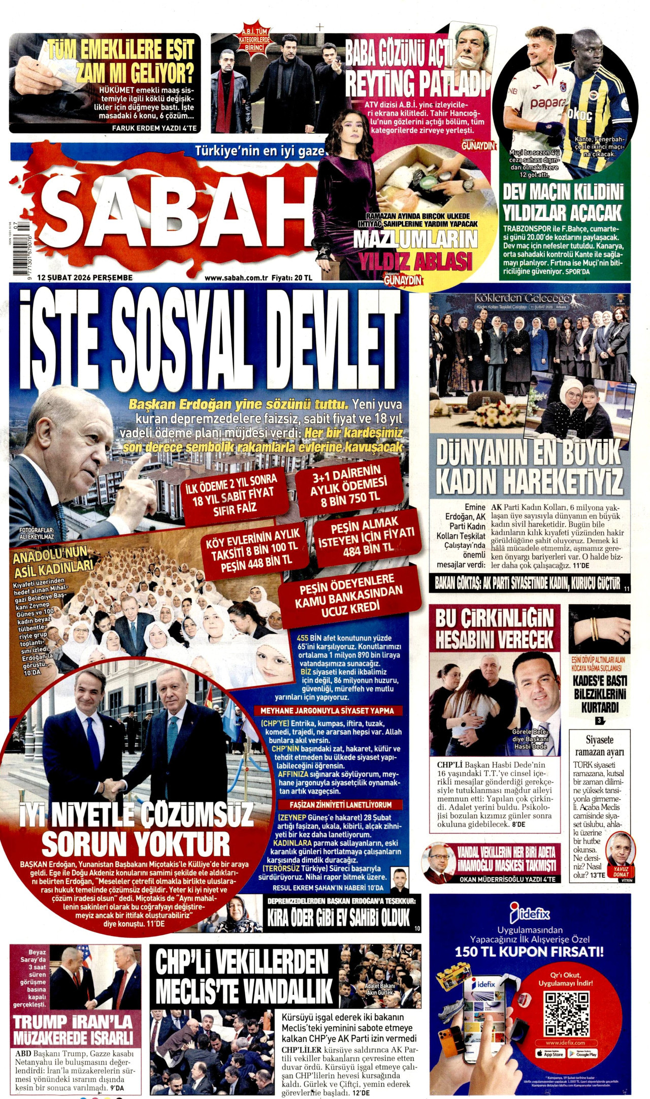 SABAH gazetesinin 12 Şubat 2026 tarihli birinci sayfası