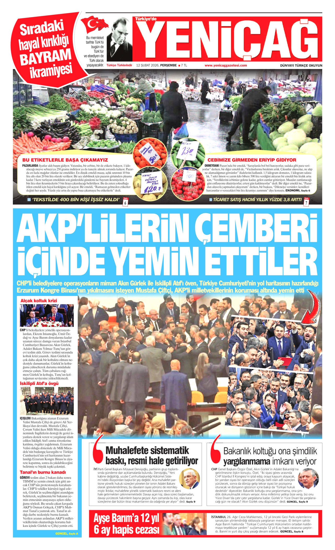 YENİÇAĞ gazetesinin 12 Şubat 2026 tarihli birinci sayfası