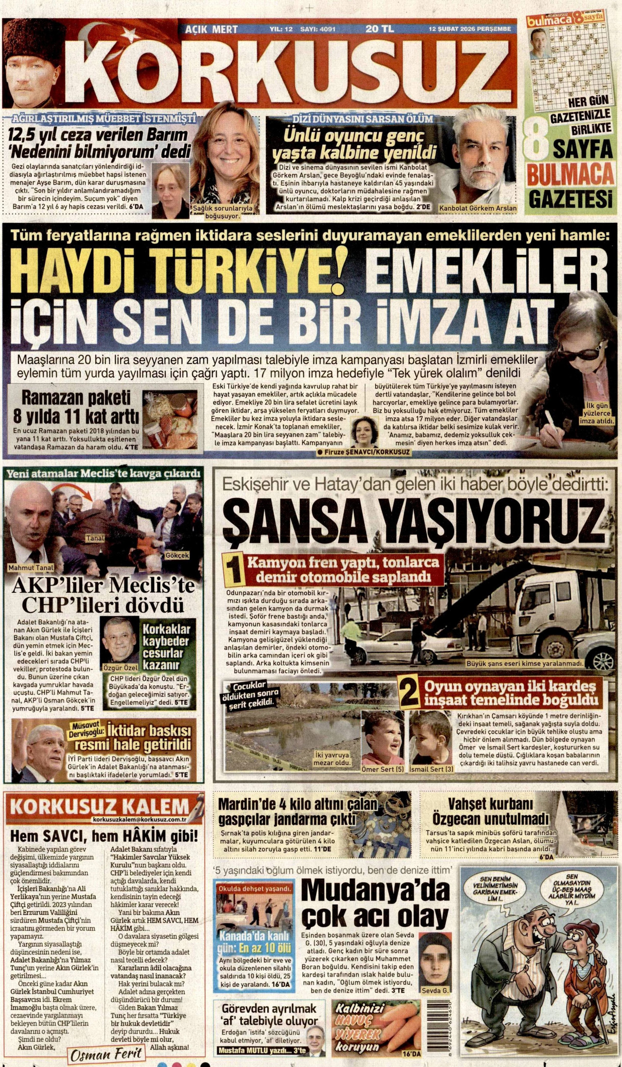 KORKUSUZ gazetesinin 12 Şubat 2026 tarihli birinci sayfası