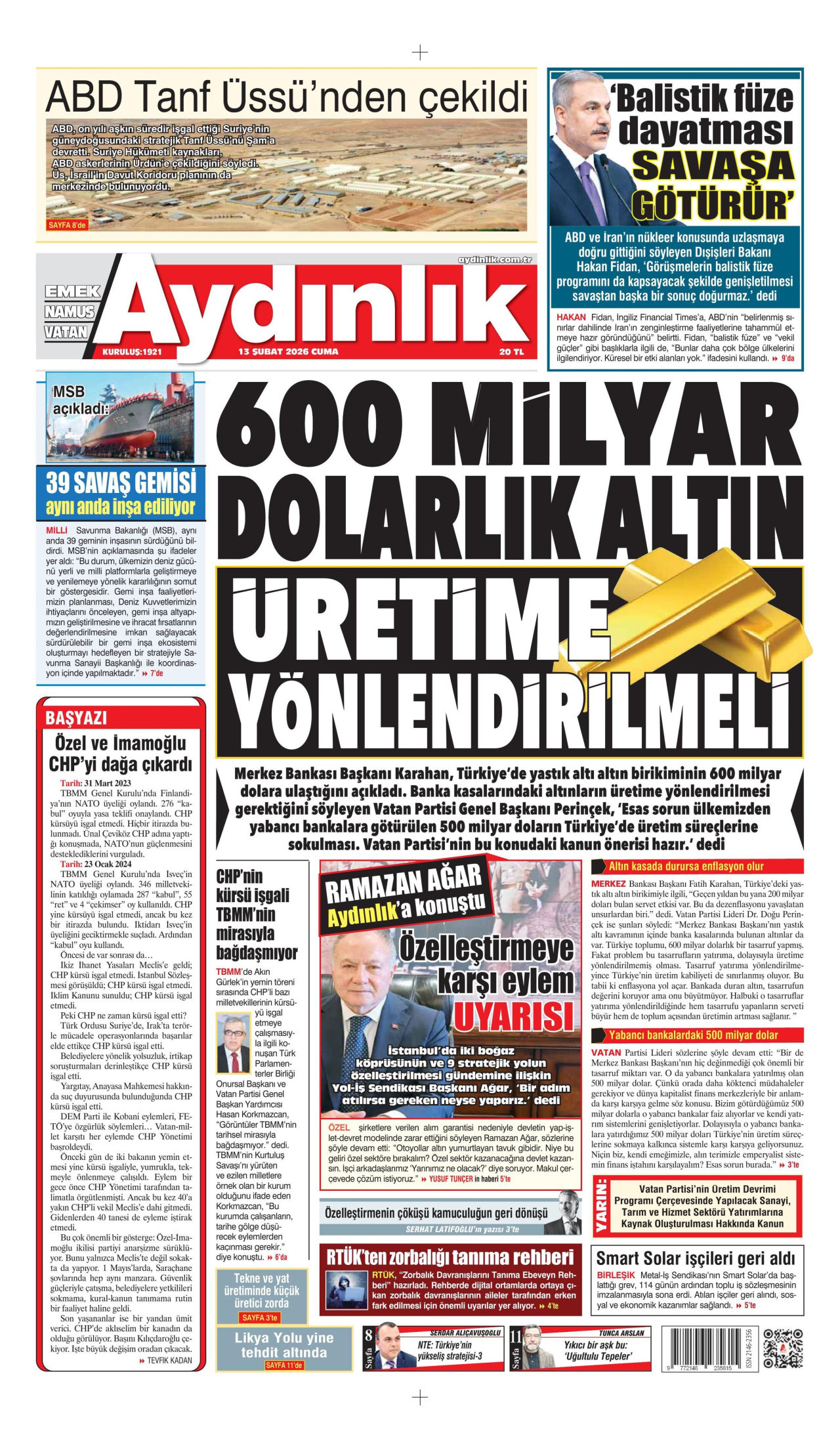 AYDINLIK GAZETESİ gazetesinin 13 Şubat 2026 tarihli birinci sayfası
