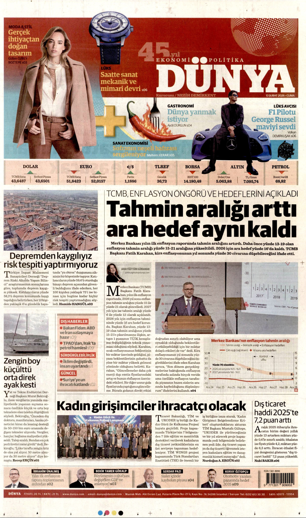 DÜNYA gazetesinin 13 Şubat 2026 tarihli birinci sayfası