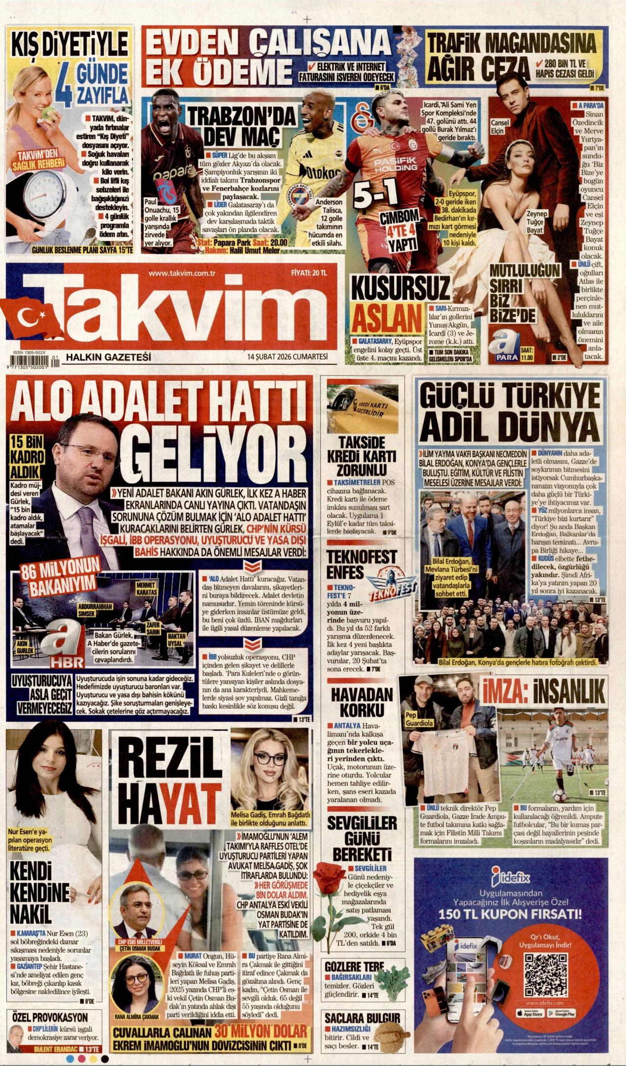 TAKVİM gazetesinin 14 Şubat 2026 tarihli birinci sayfası