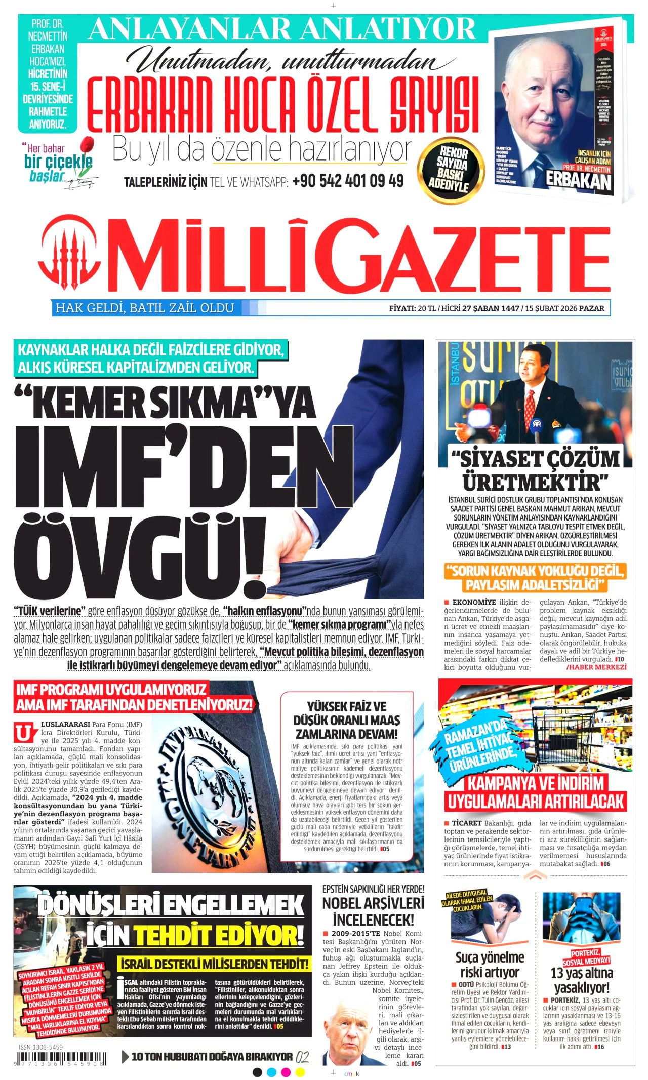 MİLLİ GAZETE gazetesinin 15 Şubat 2026 tarihli birinci sayfası