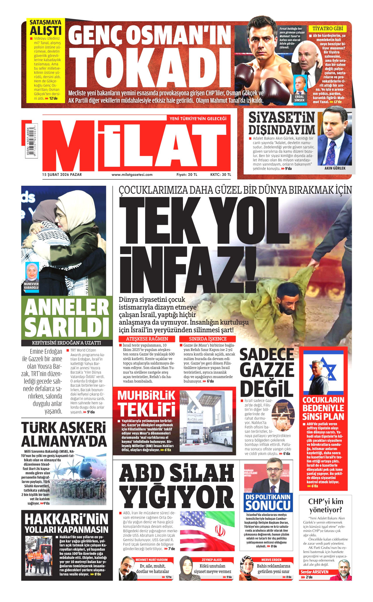 MİLAT gazetesinin 15 Şubat 2026 tarihli birinci sayfası
