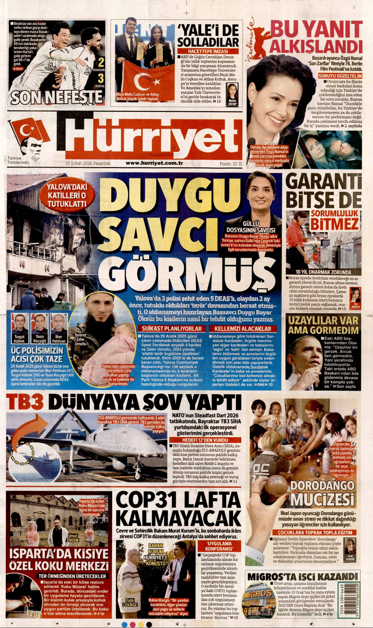 HÜRRİYET gazetesinin 16 Şubat 2026 tarihli birinci sayfası