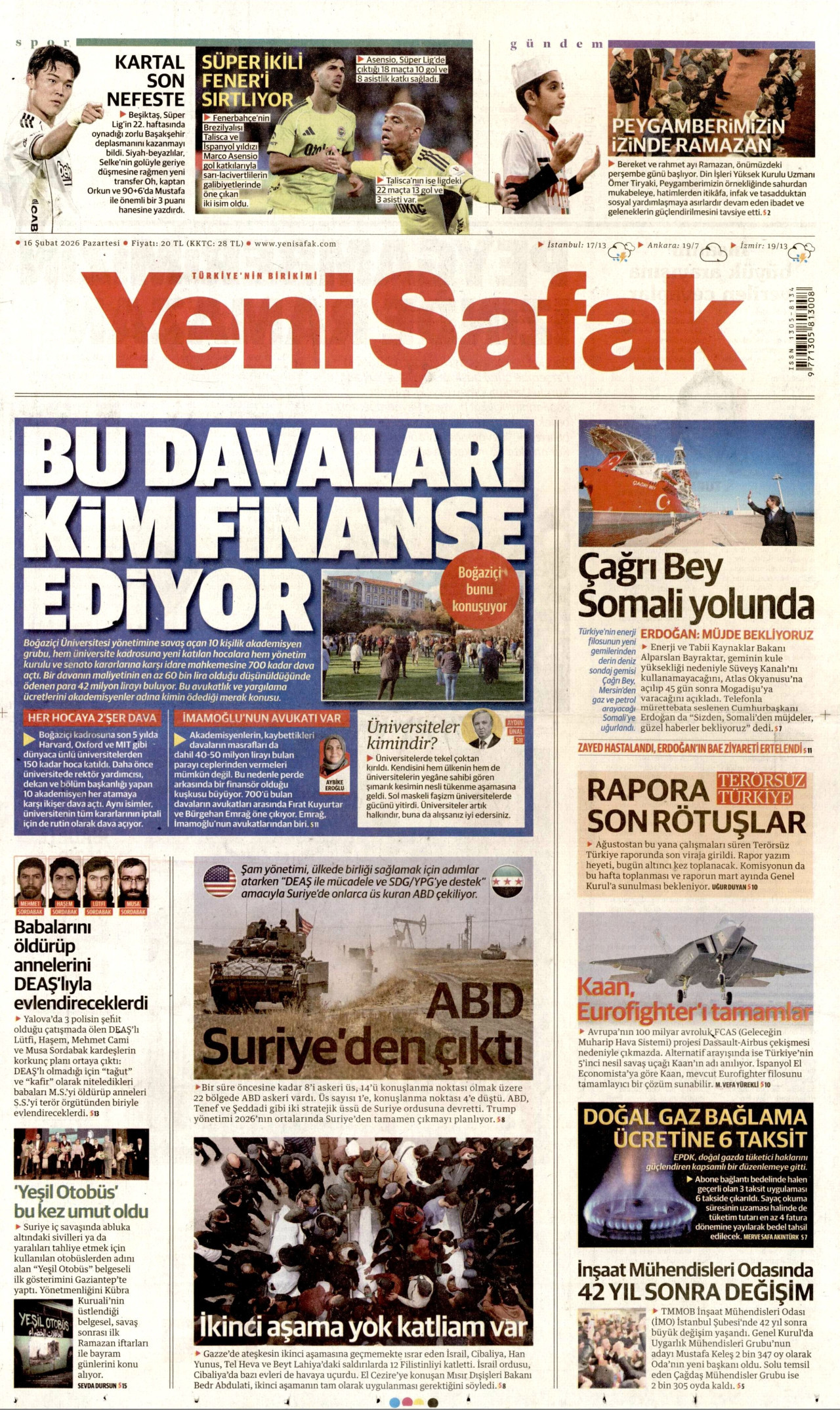 YENİ ŞAFAK gazetesinin 16 Şubat 2026 tarihli birinci sayfası