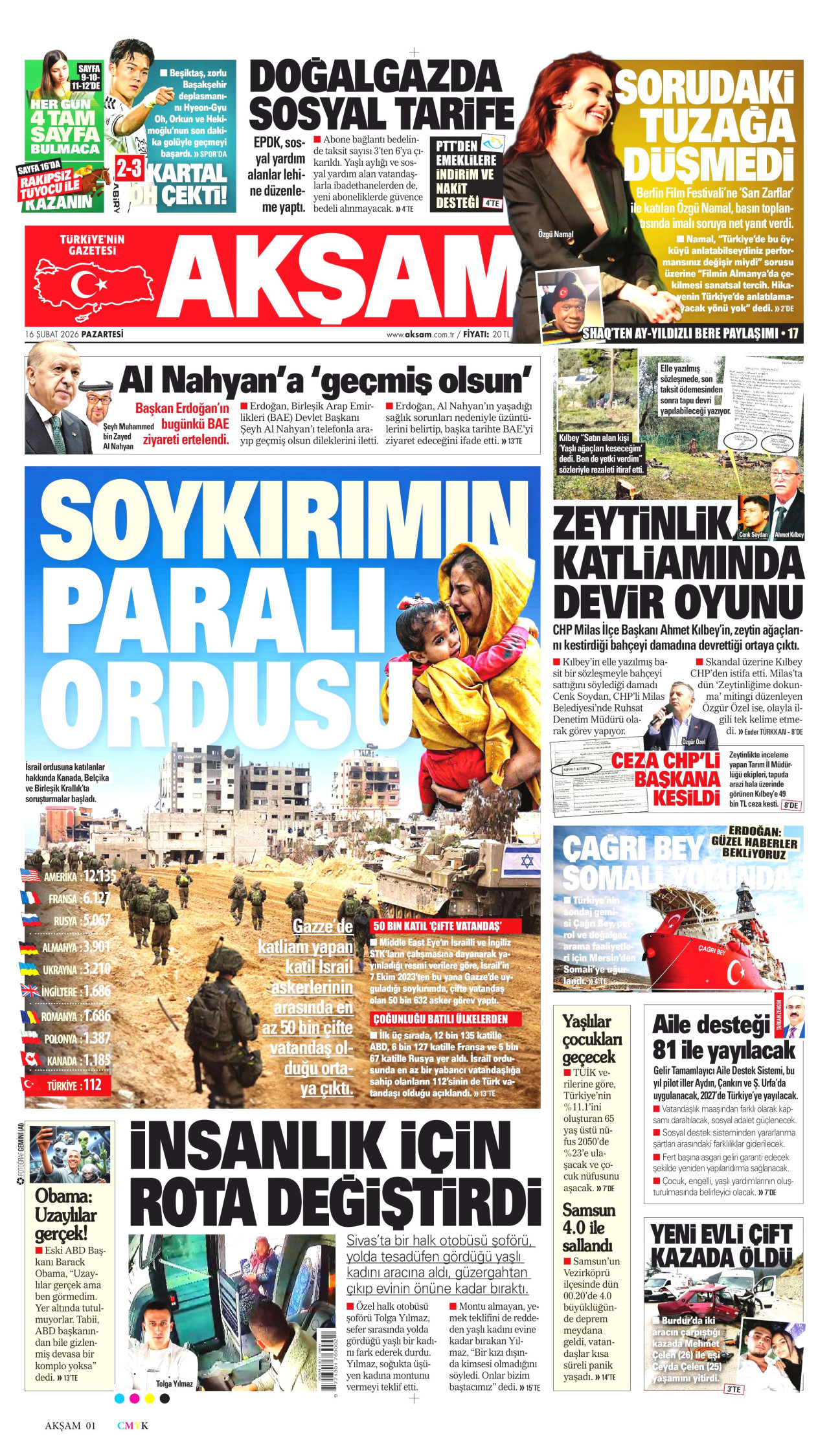 AKŞAM gazetesinin 16 Şubat 2026 tarihli birinci sayfası