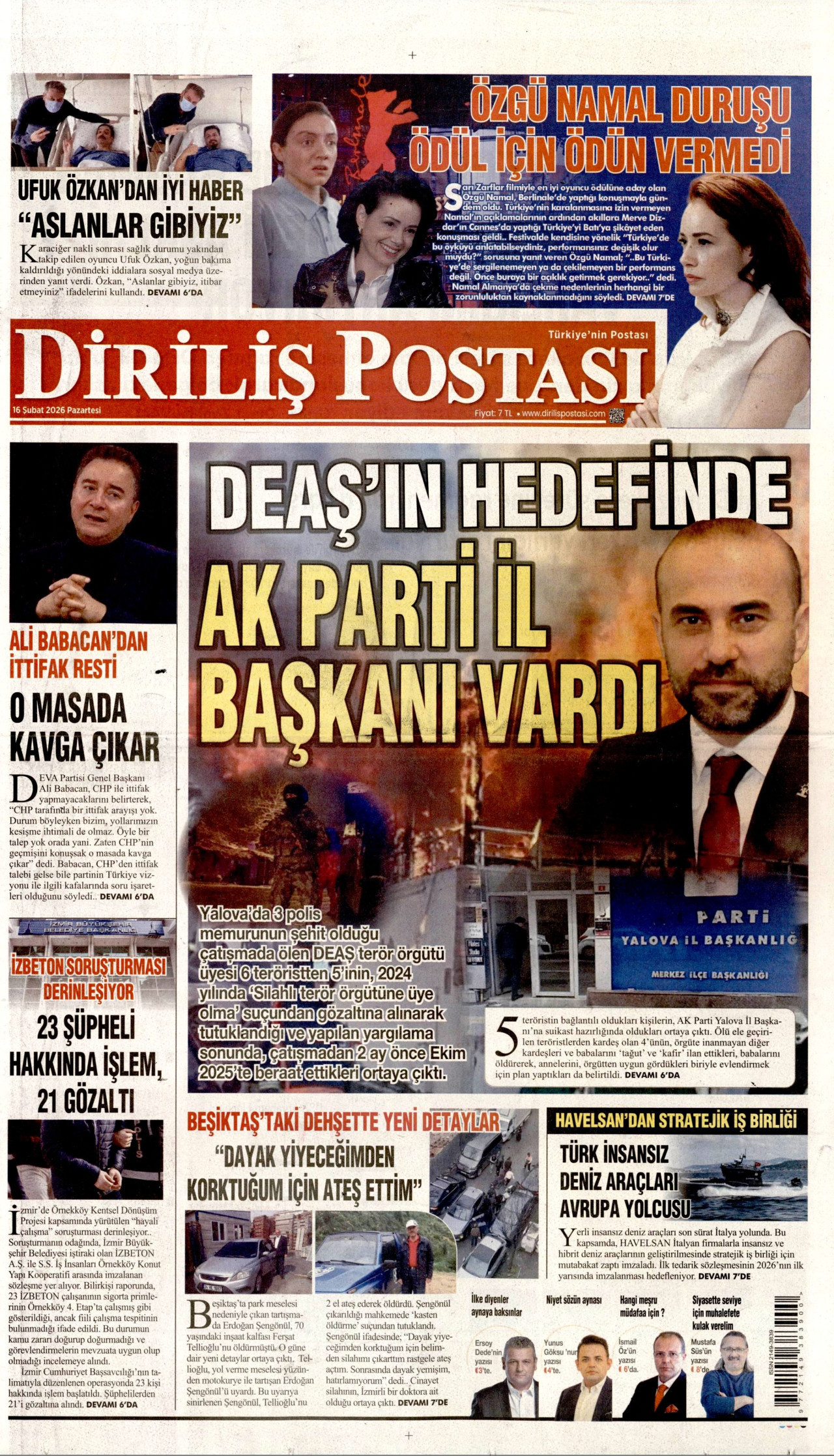 DİRİLİŞ POSTASI gazetesinin 16 Şubat 2026 tarihli birinci sayfası