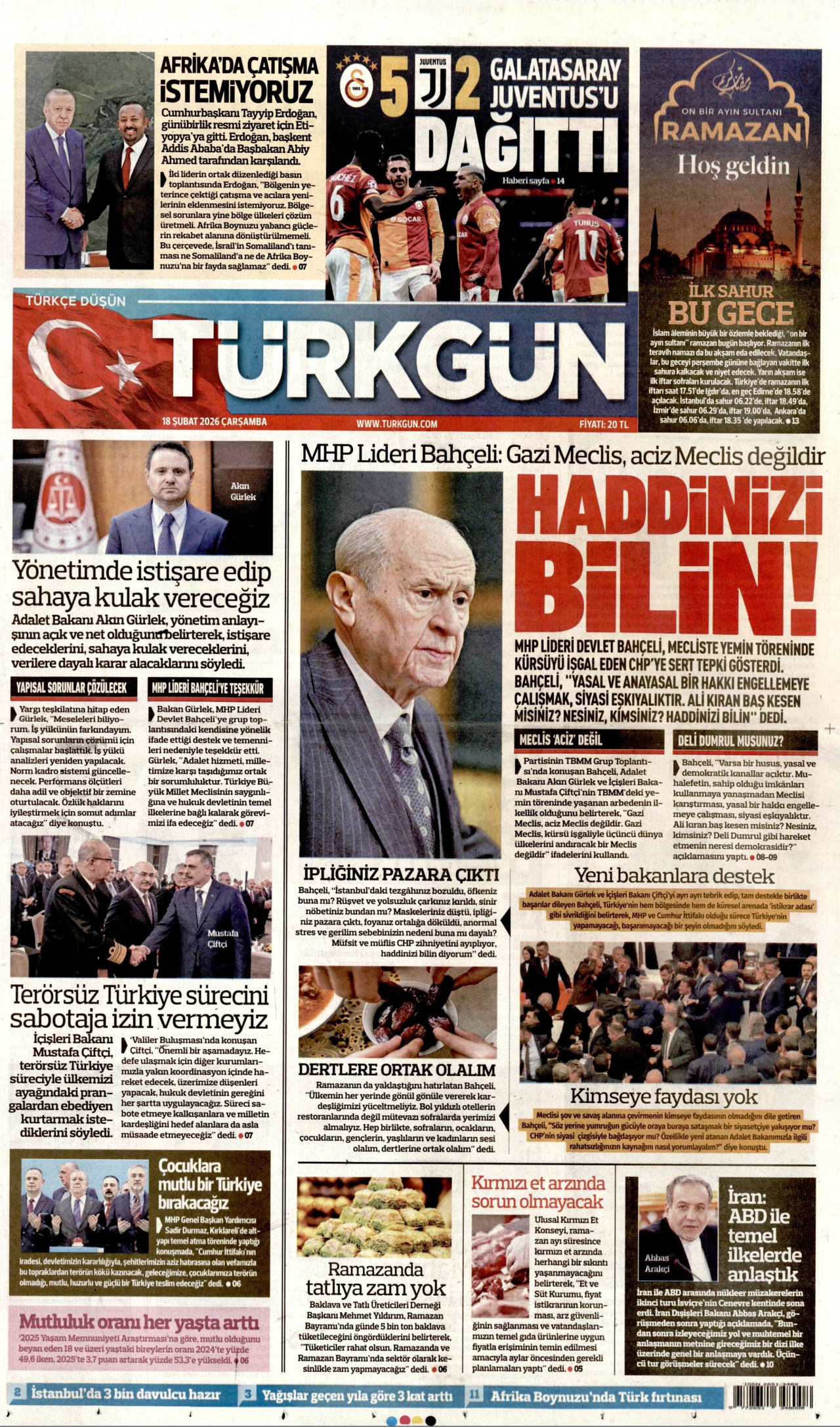 TÜRKGÜN gazetesinin 18 Şubat 2026 tarihli birinci sayfası