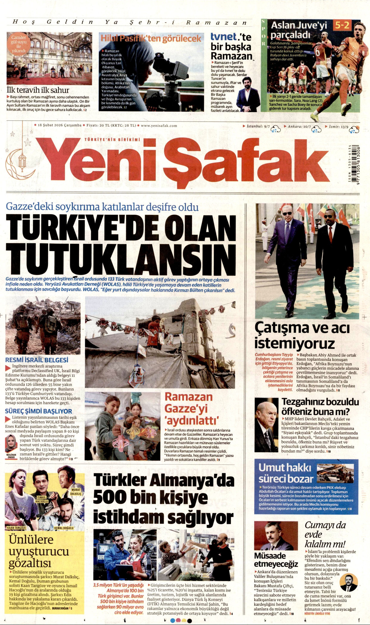 YENİ ŞAFAK gazetesinin 18 Şubat 2026 tarihli birinci sayfası