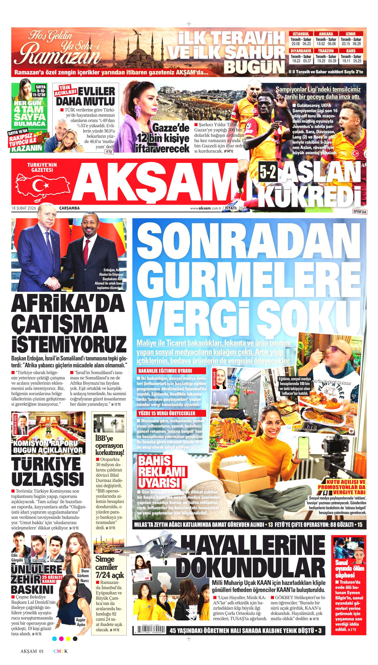 AKŞAM gazetesinin 18 Şubat 2026 tarihli birinci sayfası