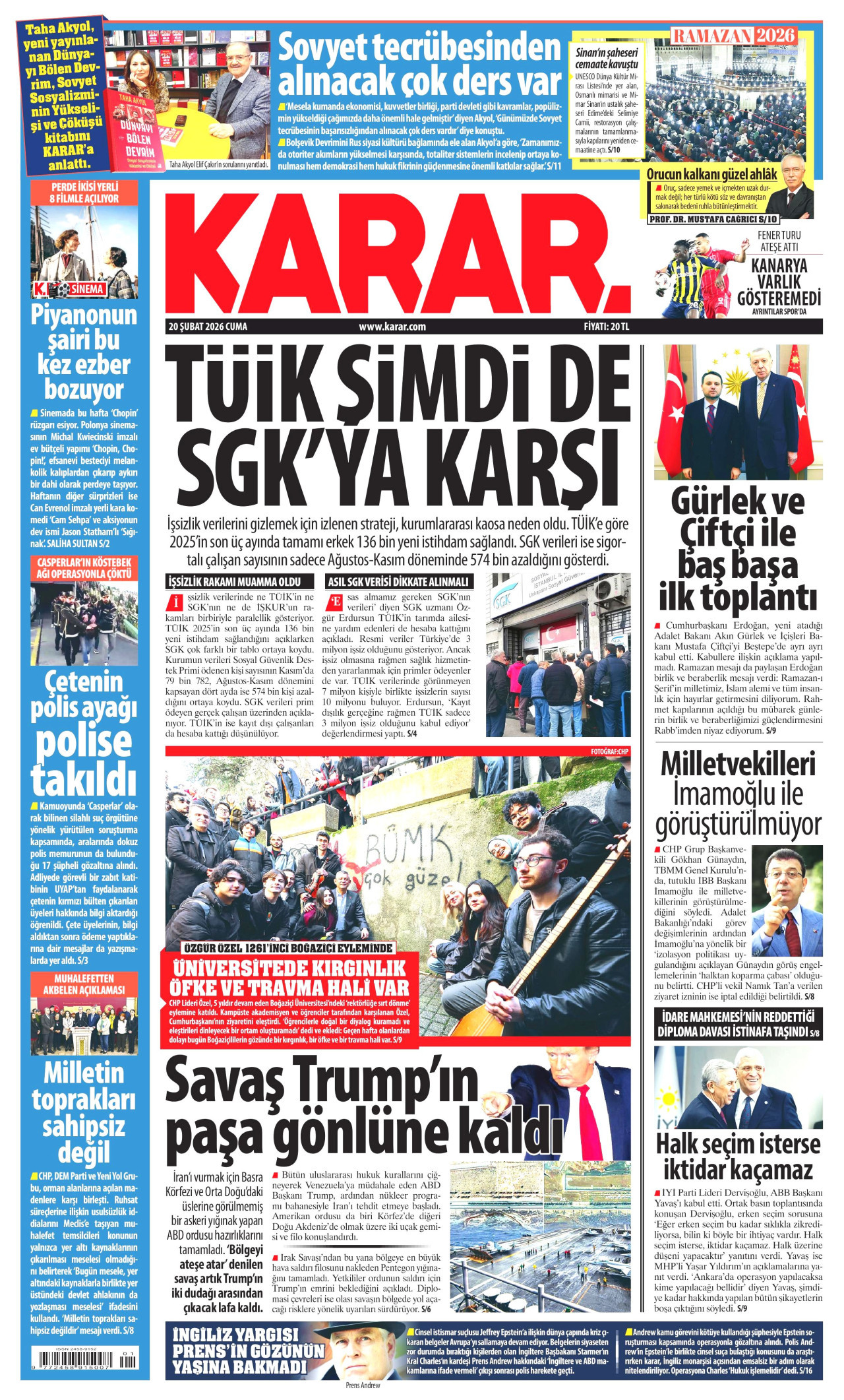 KARAR gazetesinin 20 Şubat 2026 tarihli birinci sayfası