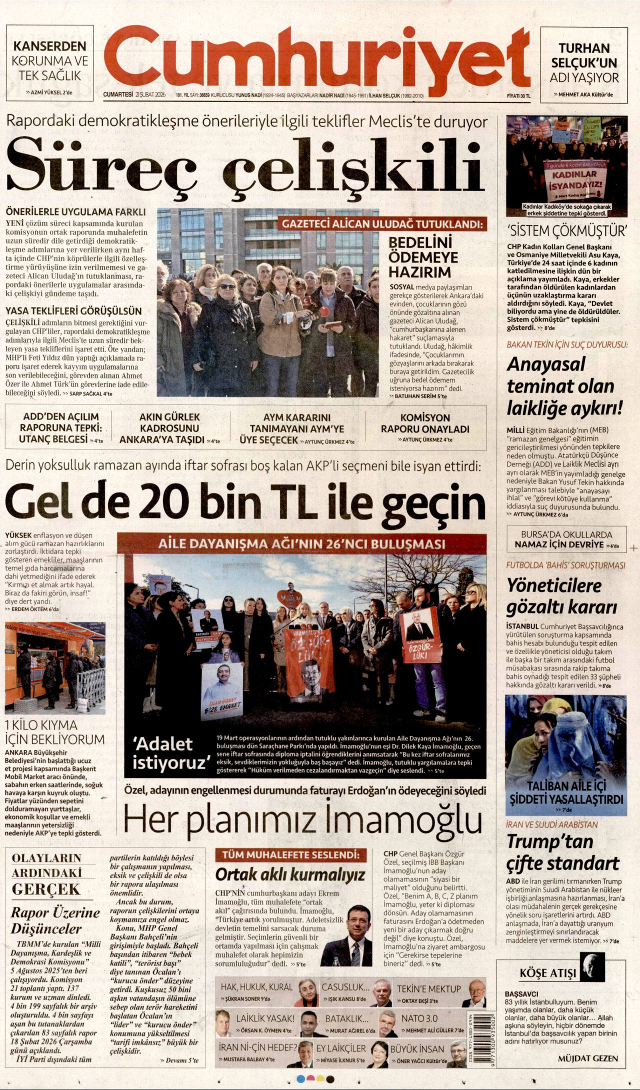 CUMHURİYET gazetesinin 21 Şubat 2026 tarihli birinci sayfası