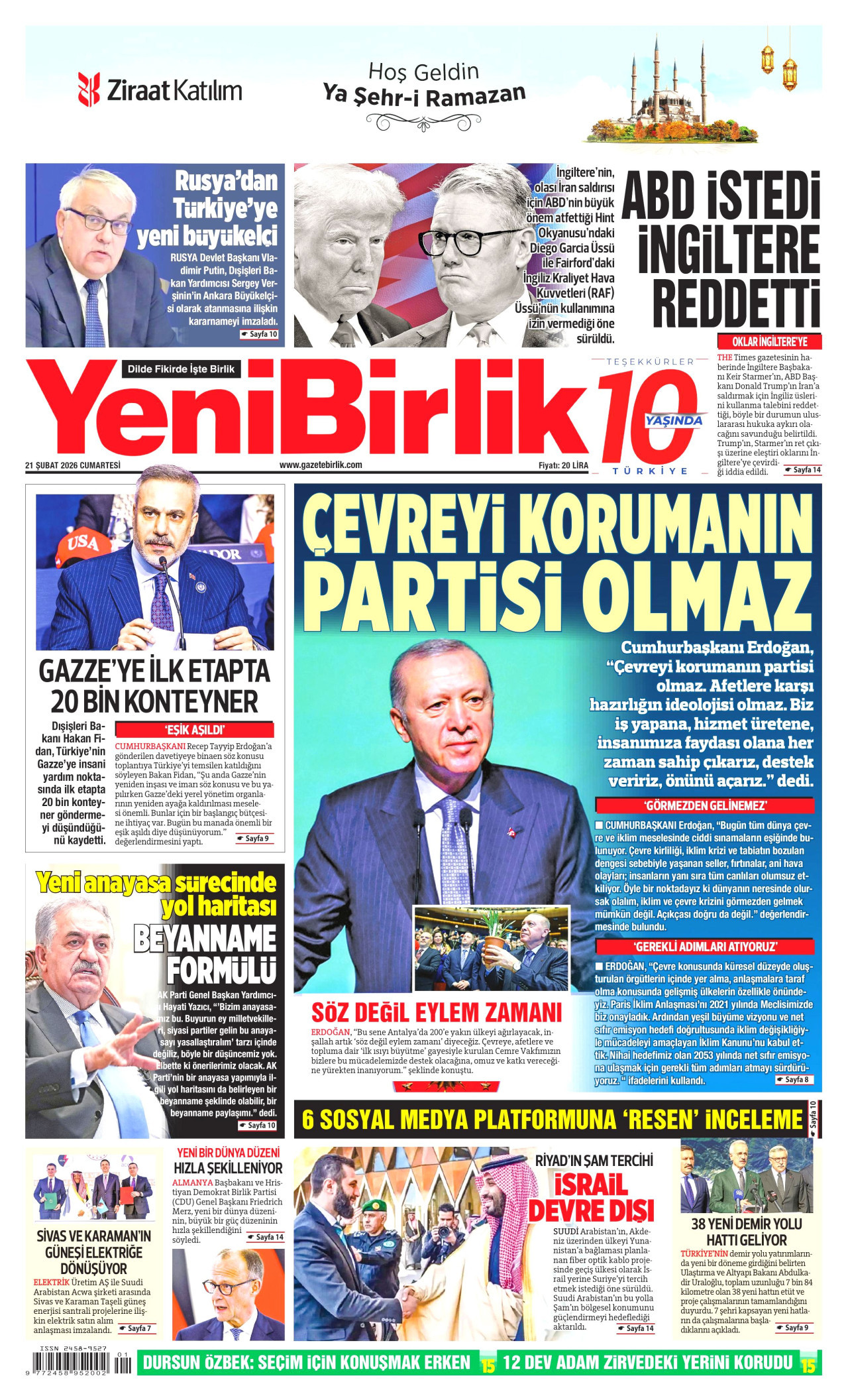 YENİBİRLİK gazetesinin 21 Şubat 2026 tarihli birinci sayfası