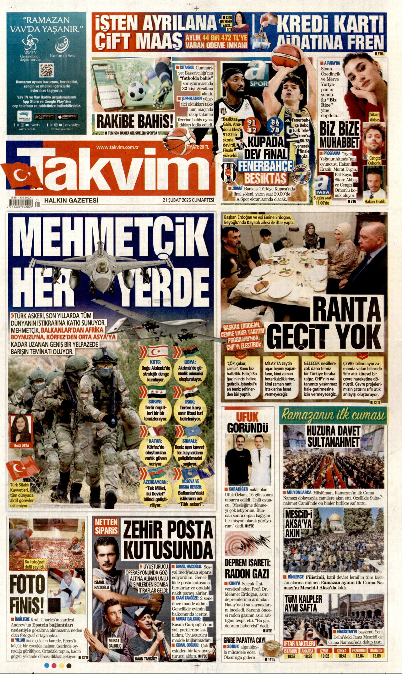 TAKVİM gazetesinin 21 Şubat 2026 tarihli birinci sayfası
