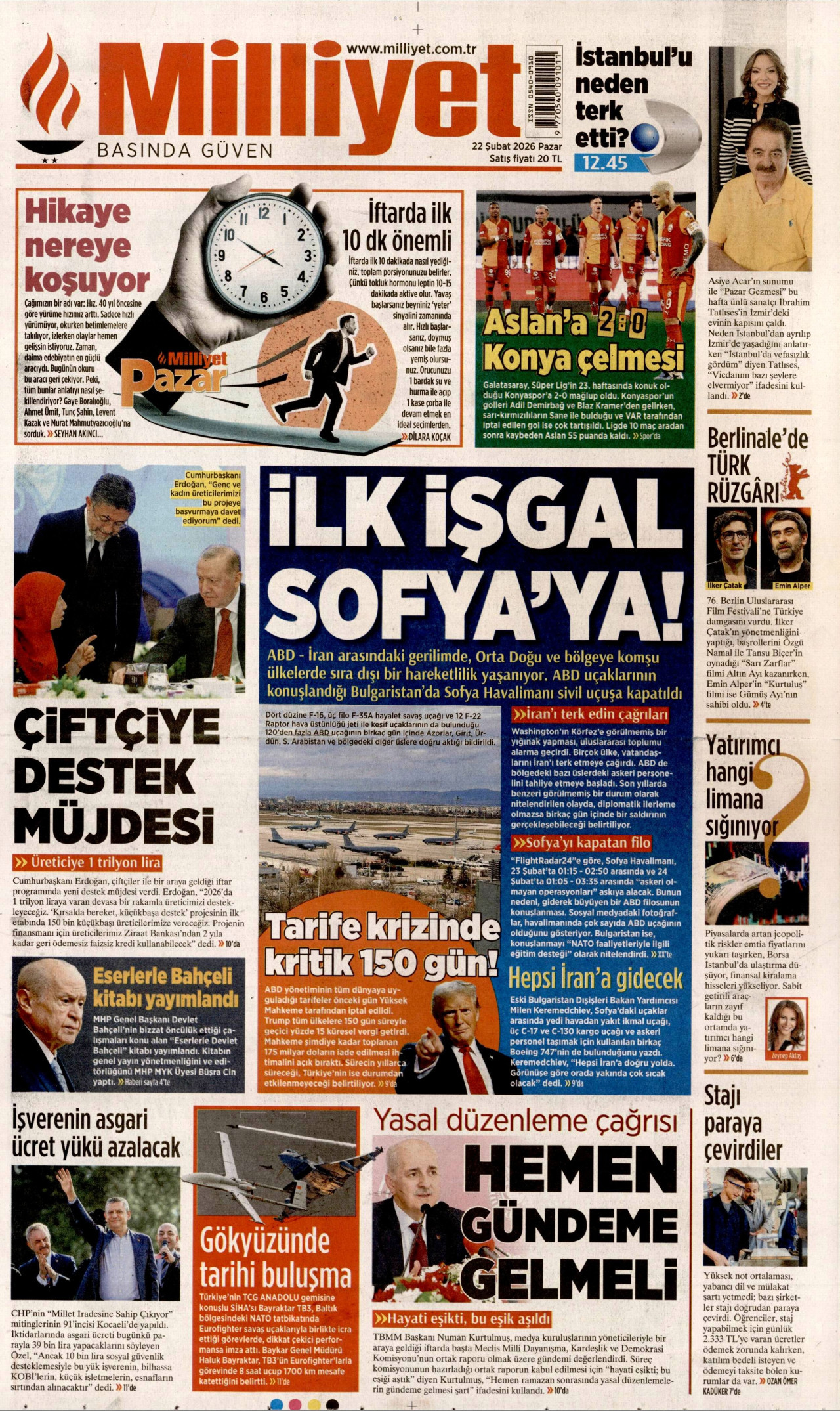 MİLLİYET gazetesinin 22 Şubat 2026 tarihli birinci sayfası