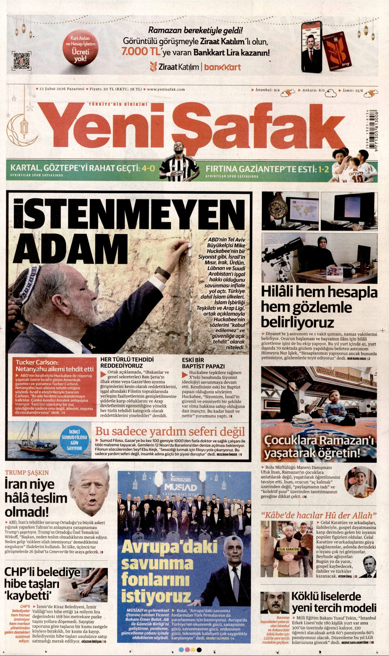 YENİ ŞAFAK gazetesinin 23 Şubat 2026 tarihli birinci sayfası