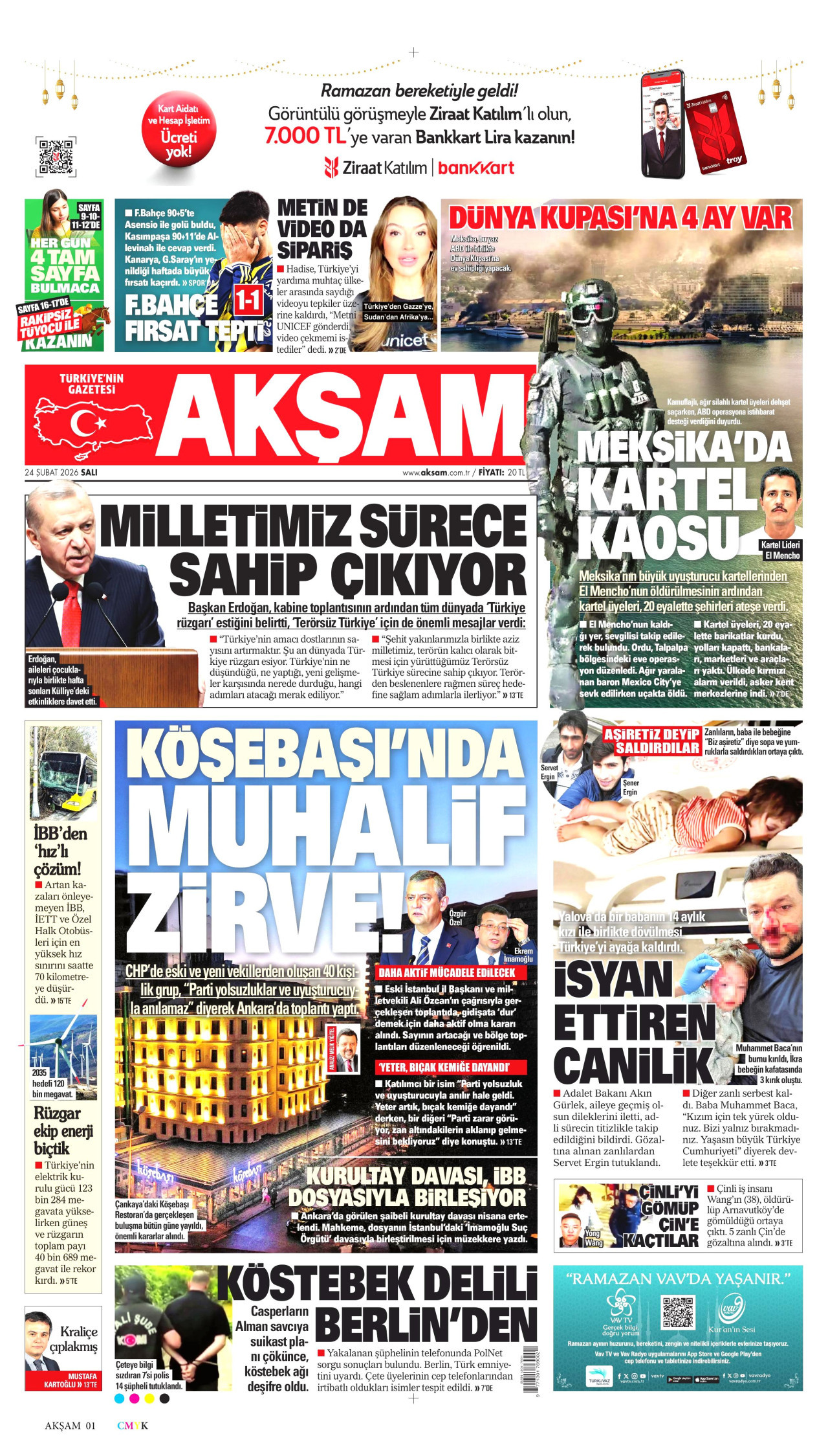 AKŞAM gazetesinin 24 Şubat 2026 tarihli birinci sayfası