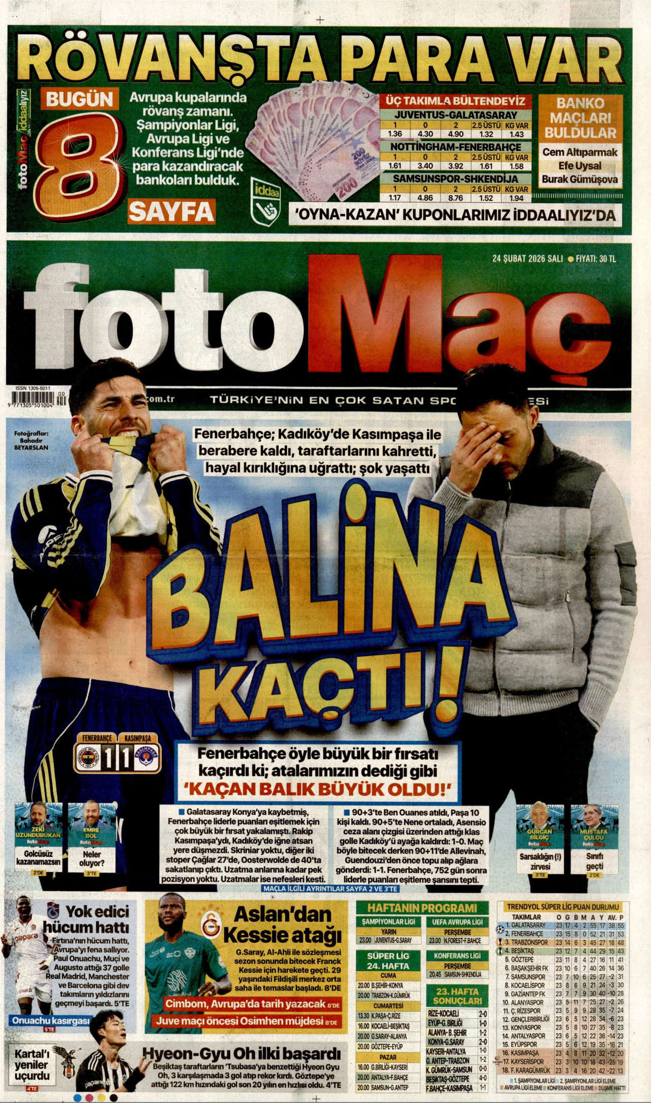 FOTOMAÇ gazetesinin 24 Şubat 2026 tarihli birinci sayfası