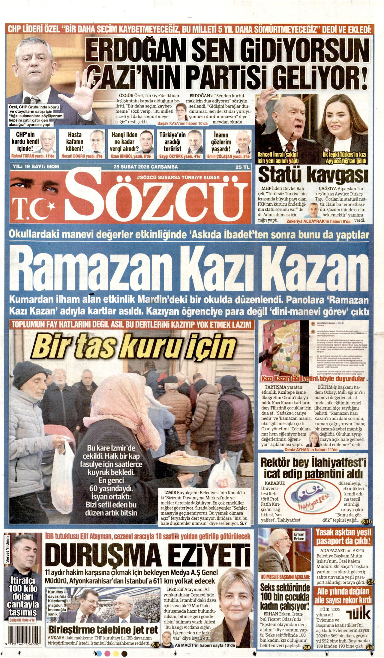 SÖZCÜ gazetesinin 25 Şubat 2026 tarihli birinci sayfası